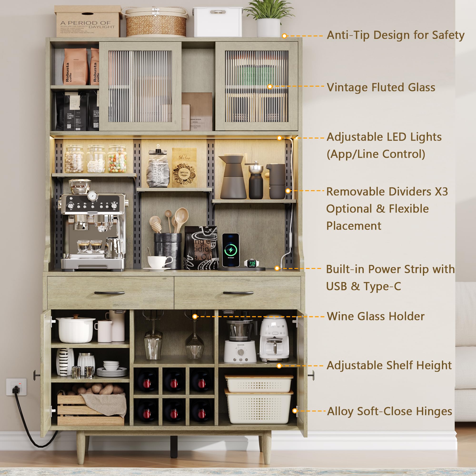 Einhomn 71" Kitchen Pantry Cabinet with UL Charging Station, 3 Adjustable Shelves, App-Dimmable LED Light, Wine Rack, Farmhouse Style, Buffet Cabinet for Kitchen/Dining/Living, Natural Wood