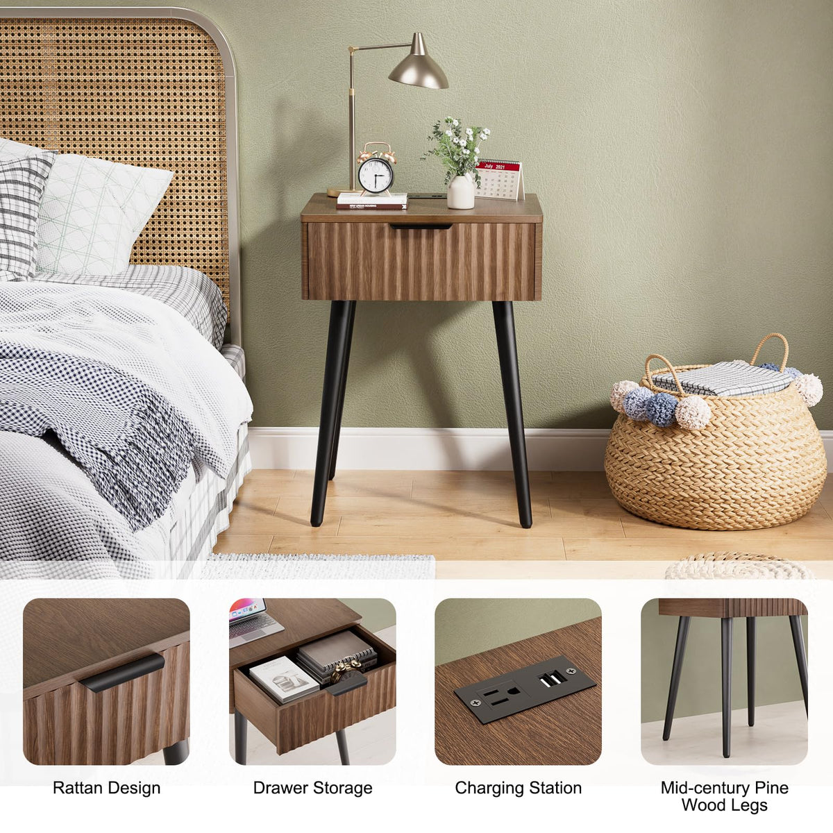HAIOOU Fluted Mid Century Modern Nightstands Set of 2 with Charging Station