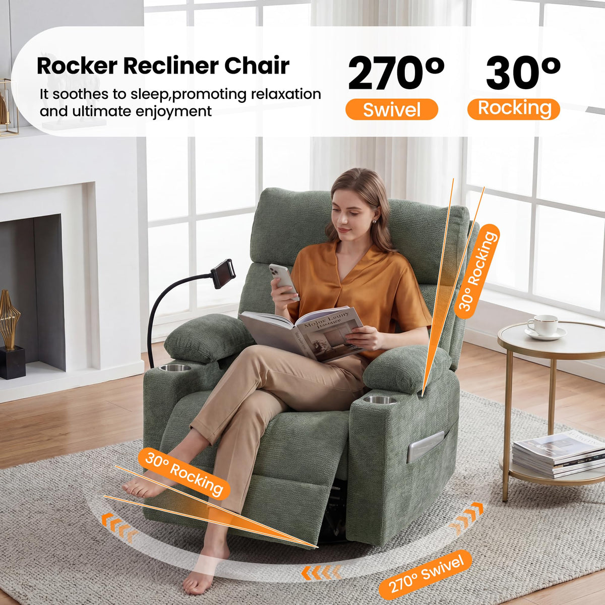 FiveWillowise Power Rocking Chair Nursery with Adjustable Arms&Headrest