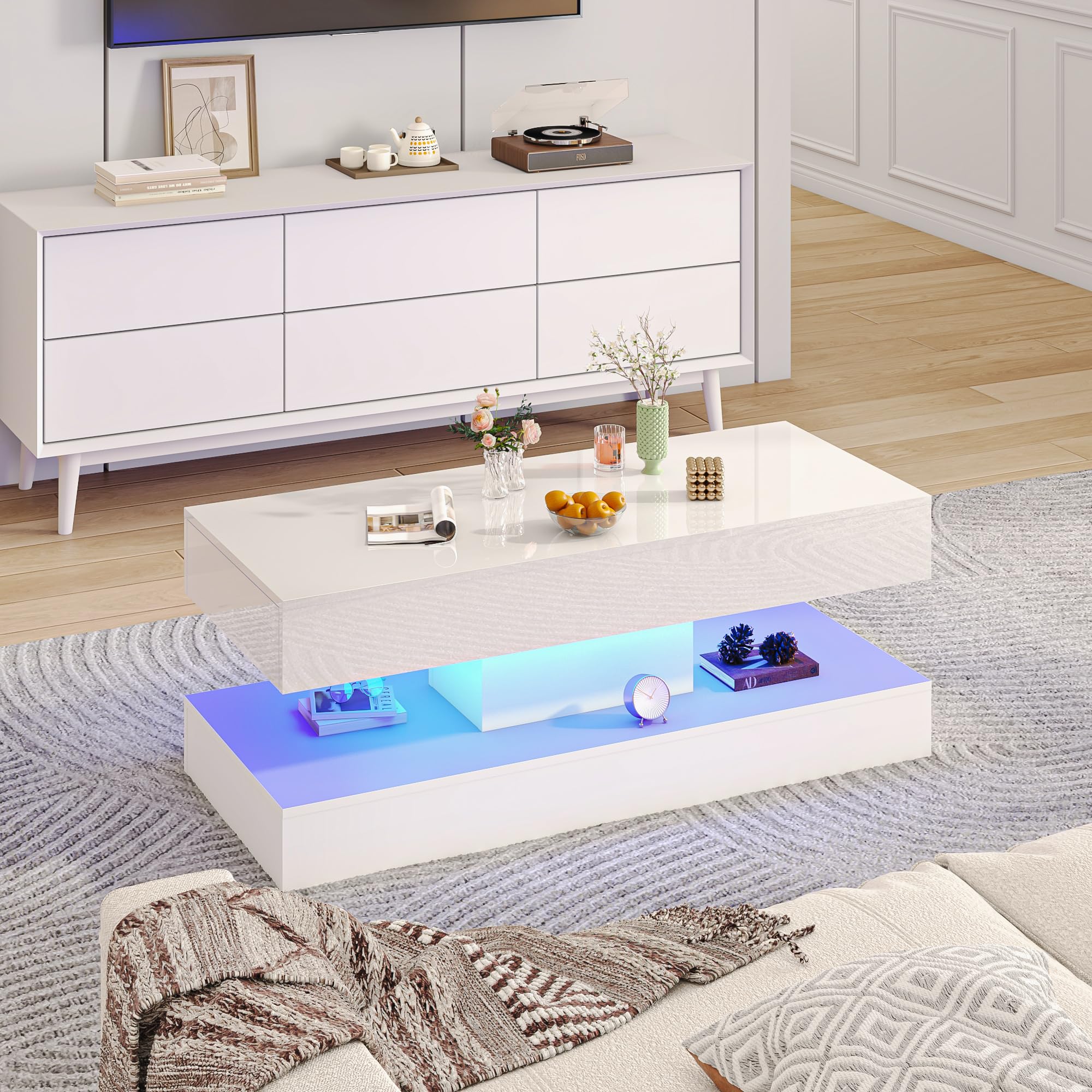 47.2" Modern High Glossy LED Coffee Table with 2 Sliding Storage Drawers, White Living Room Tables for Living Rooms,Dining Room,Bedroom Home Office,APP LED Lights(White)