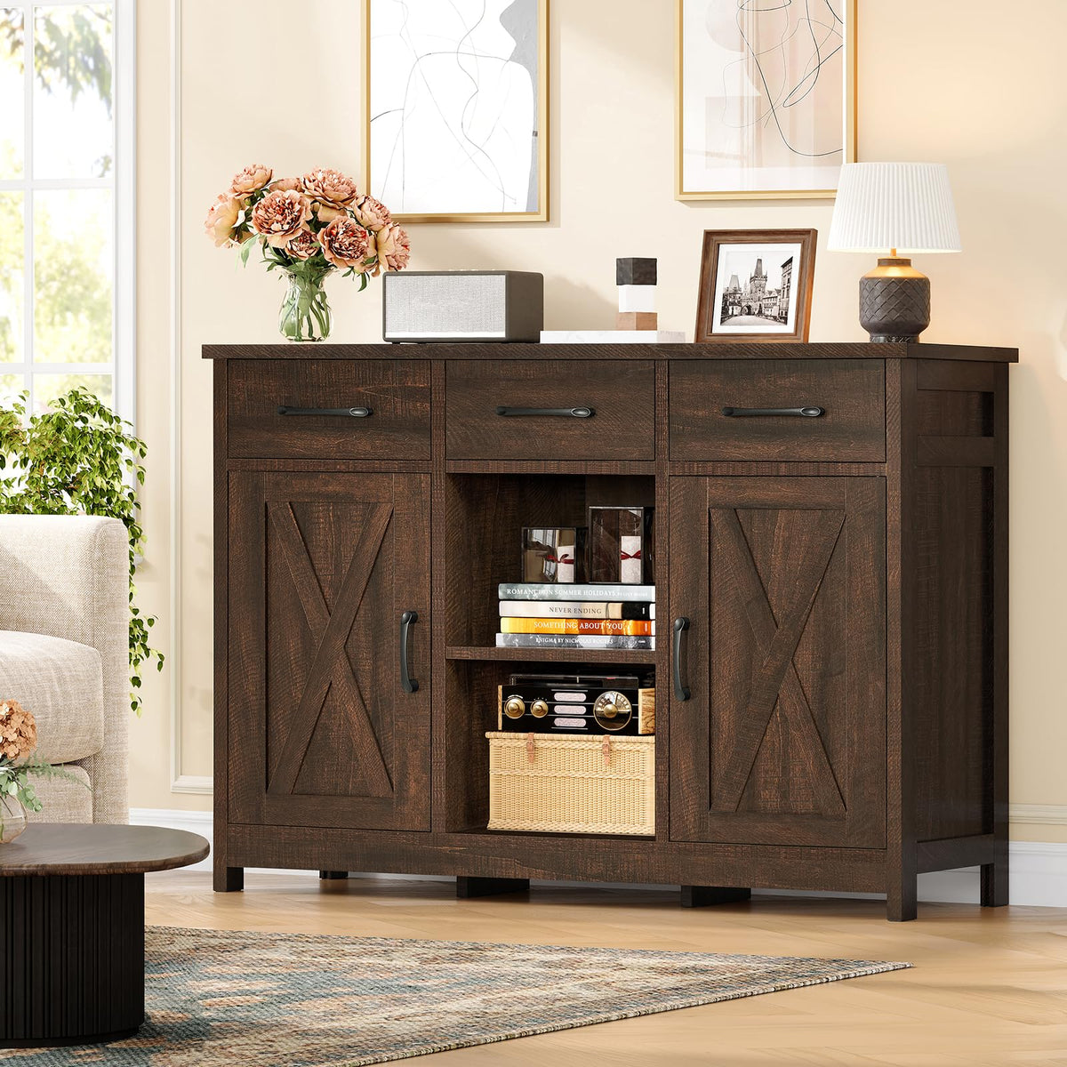 TEENFON Coffee Bar Cabinet with 3 Drawers, Farmhouse Buffet Cabinet