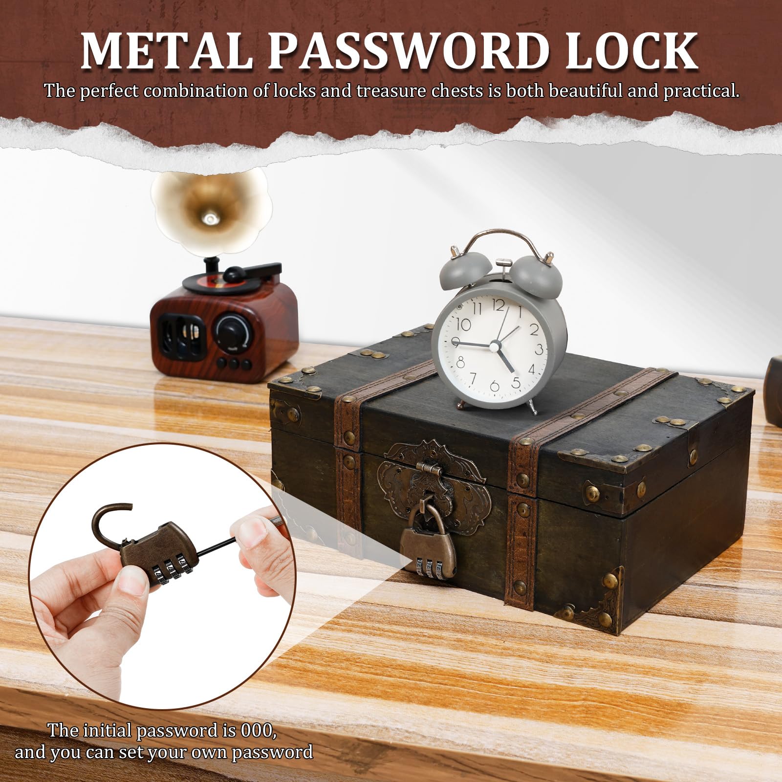 Vintage Wooden Treasure Chest with Combination Lock