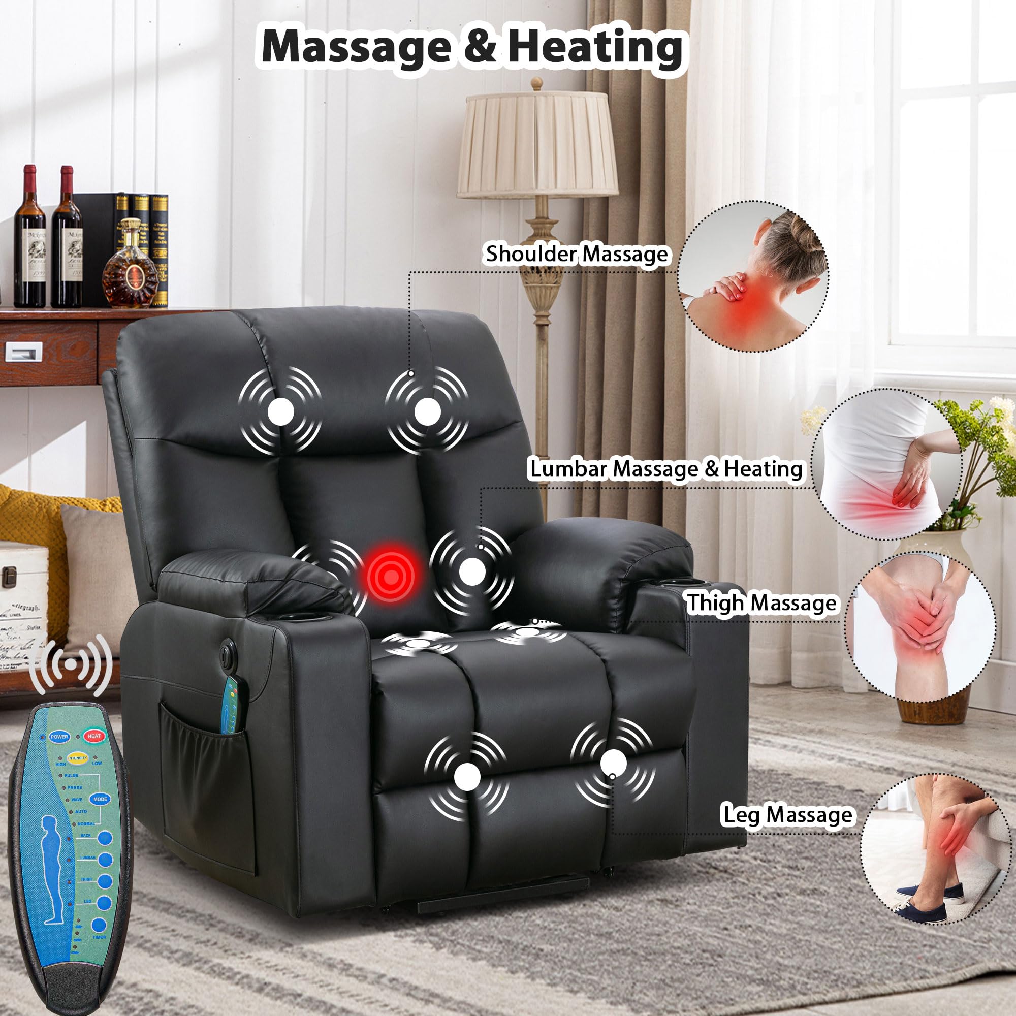 Bonzy Home Extra Wide Lift Chair with Heat and Massage, Faux Leather Power Lift Recliner Massage Chair for Adults Elderly, Upholstered Recliner with 2 Cup Holders, Side Pocket