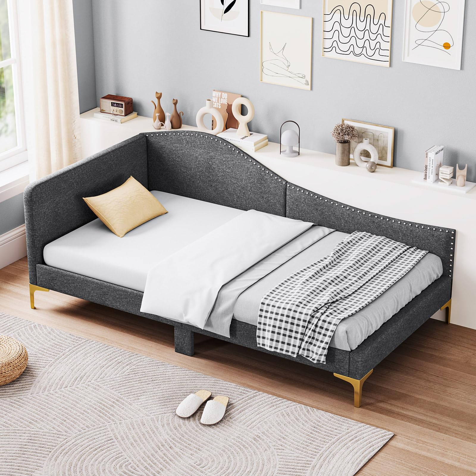 Giantex Twin Size Upholstered Daybed, Rivet-Tufted Platform Bed with Headboard, Metal Legs & Wood Slats, L-Shaped Corner Sofa Bed for Living Room & Guest Room, No Box Spring Needed, Grey