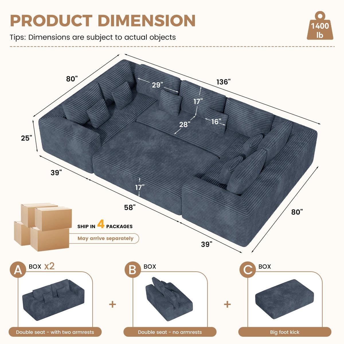 136'' Sectional Cloud Couches, Oversized U Shape 6 Seater Sofa Bed-Blue