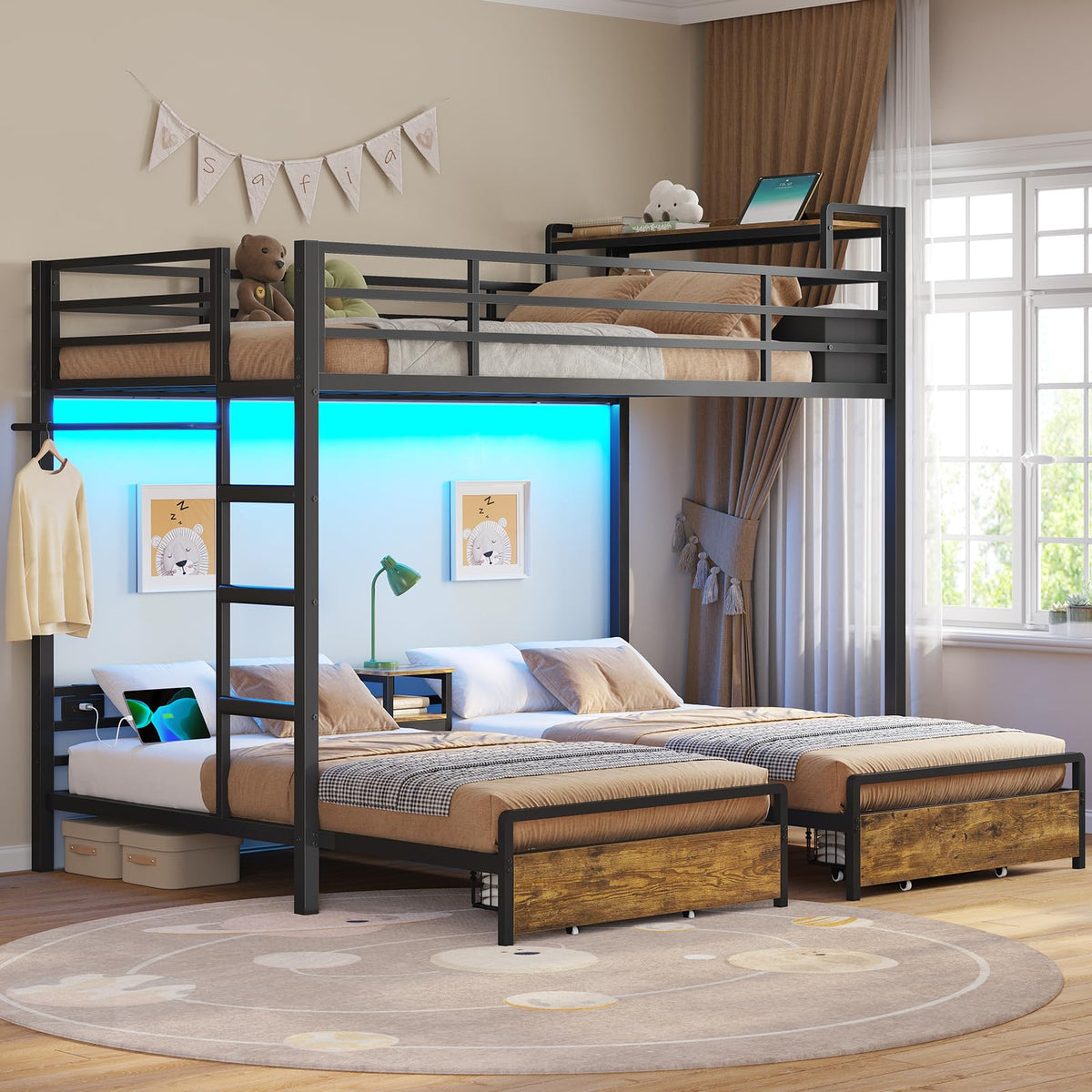 Triple Bunk Bed with Storage Drawers and Charging Station