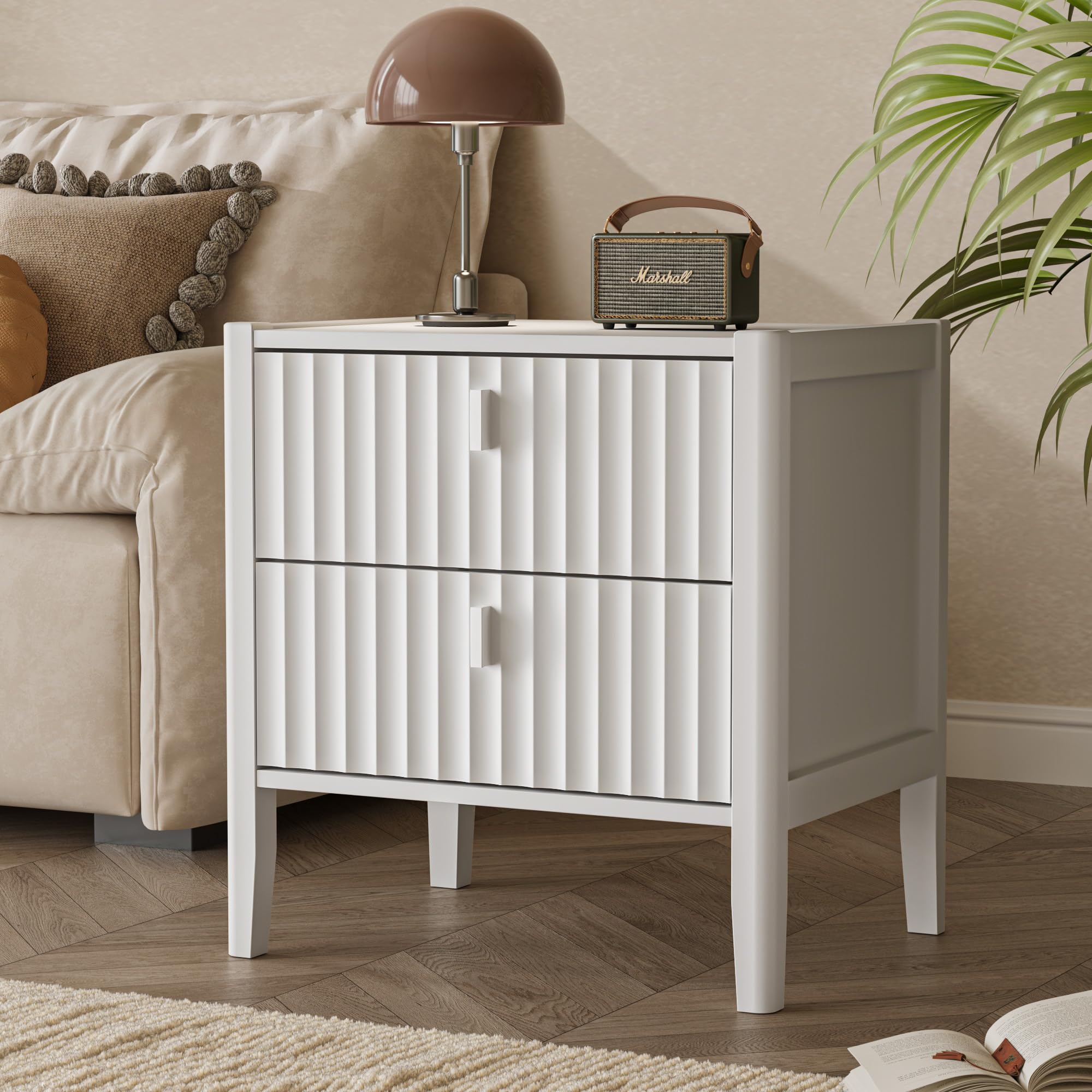 Nightstand with 2 Drawers, Fluted Bedside Table