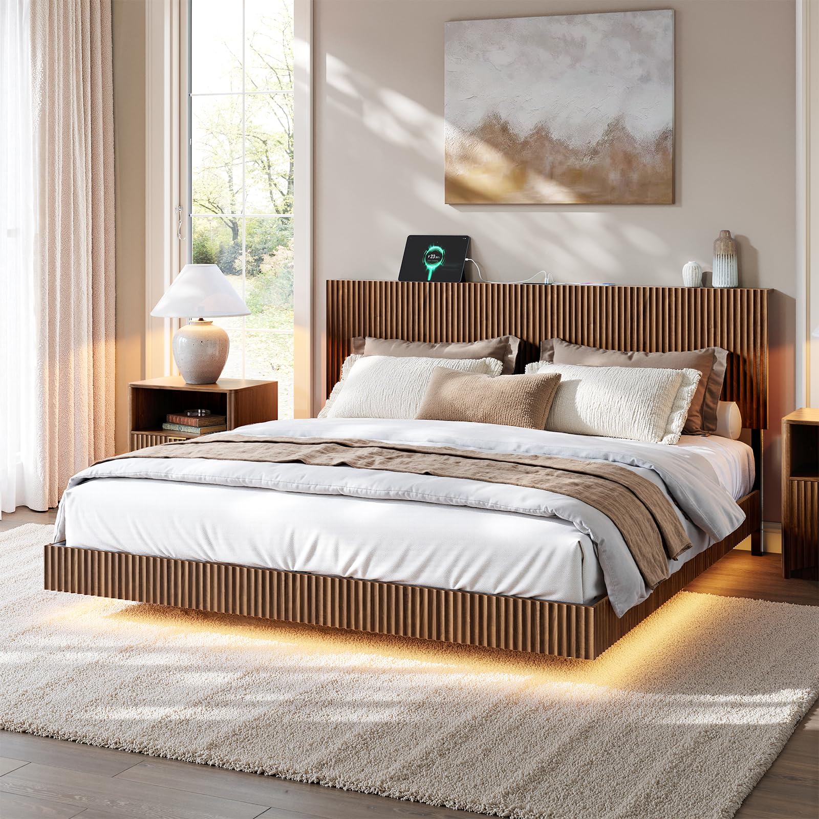 Floating Bed Frame with LED Lights & Charging Station