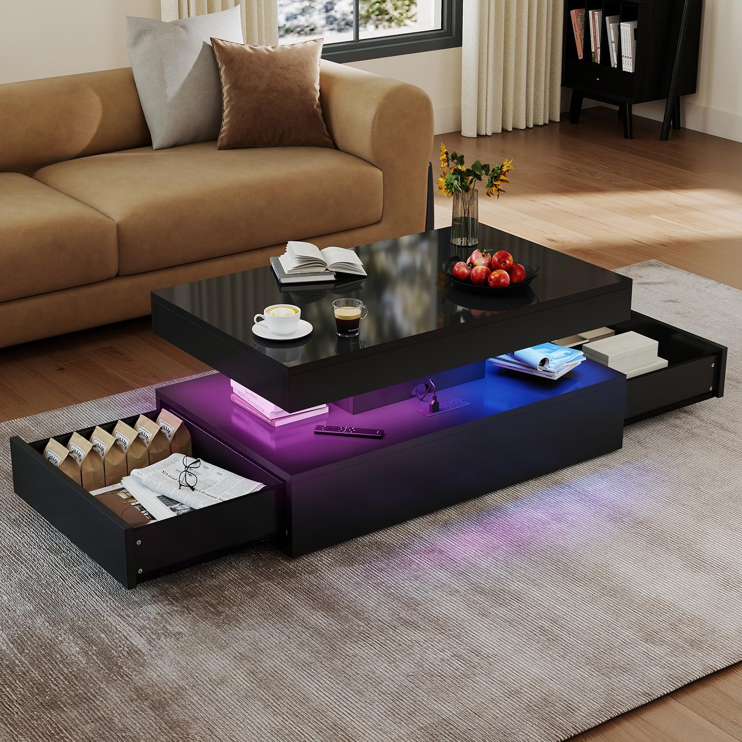 39” Modern High-Glossy LED Coffee Table with 2 Sliding Drawers, Living Room Storage Coffee Tables, Modern Stylish Double-Layer Center Tables with LED Lights, Black