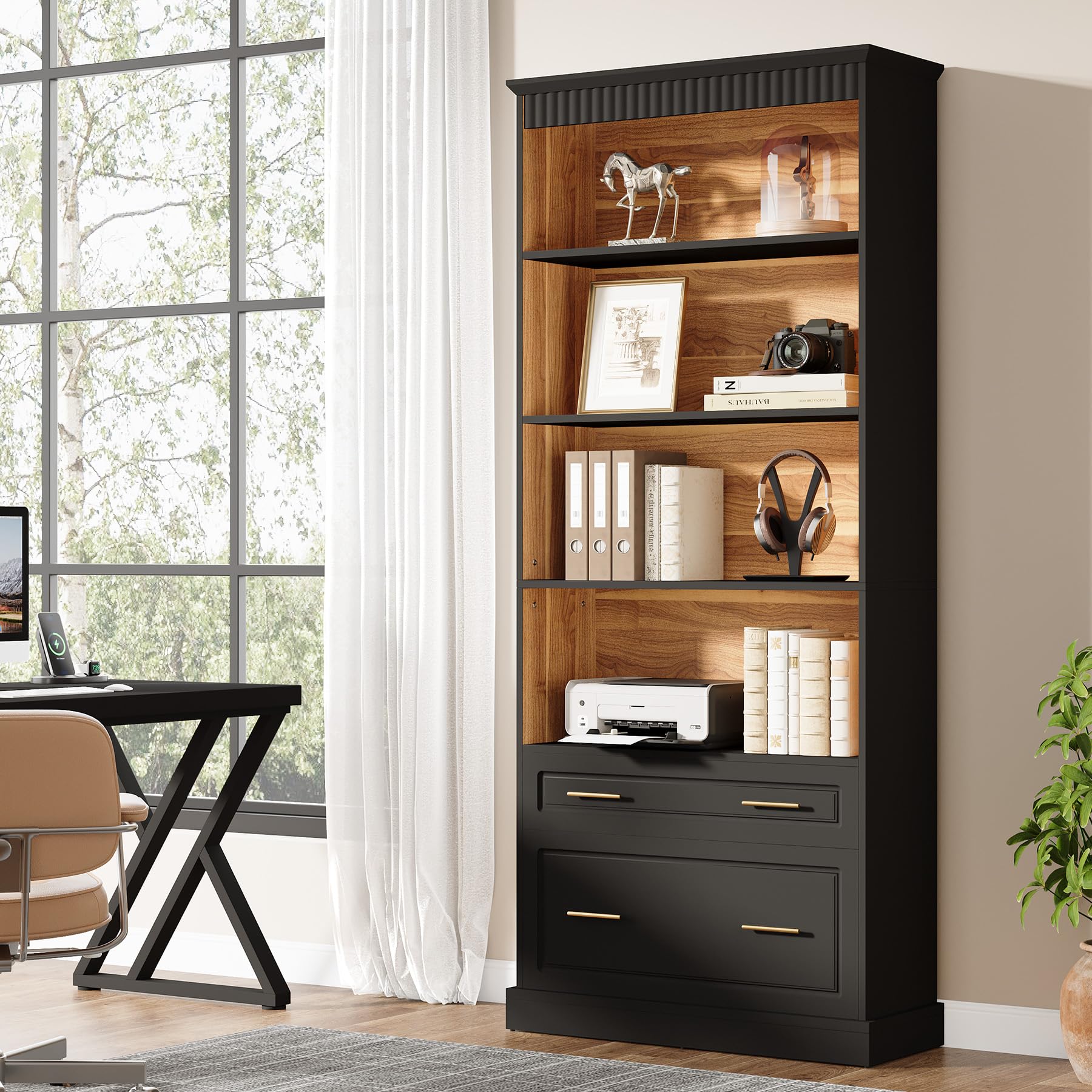 2-Drawer File Cabinet with 5-Tier Bookshelf & Printer Stand