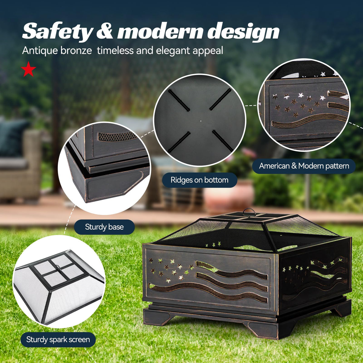 Verdeluxe Outdoor 32Inch Square-Shaped Fire Pit with Spark Screen