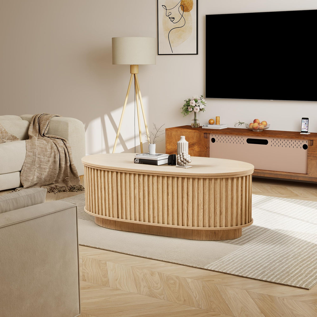 Oval Fluted Lift-Top Coffee Table