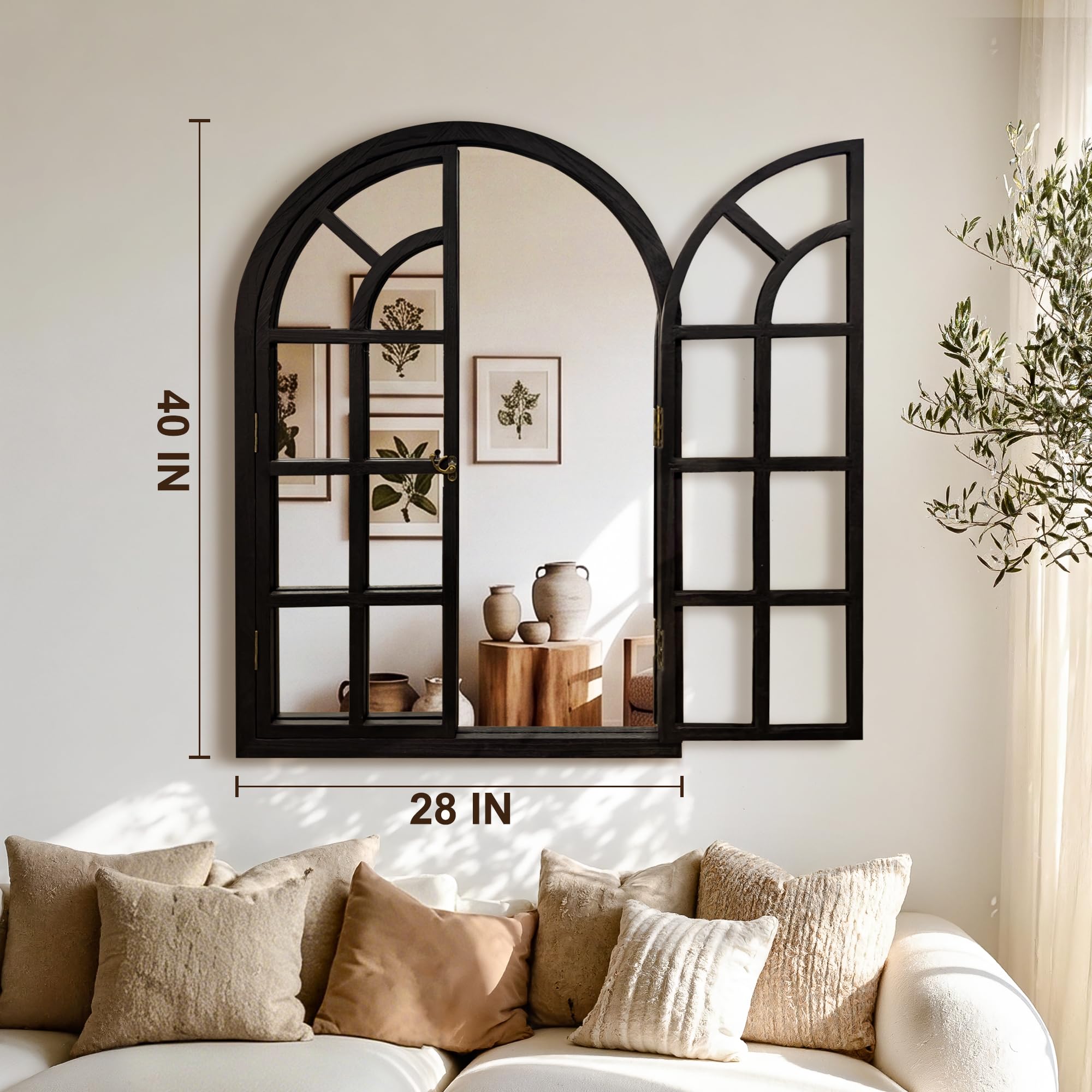 FICTOR Arched Wall Mirror with Openable Window, 28" x 40" Rustic Farmhouse Wood Framed Decorative Accent Mirror for Living Room, Bedroom, Entryway, Hallway, Fireplace, Black
