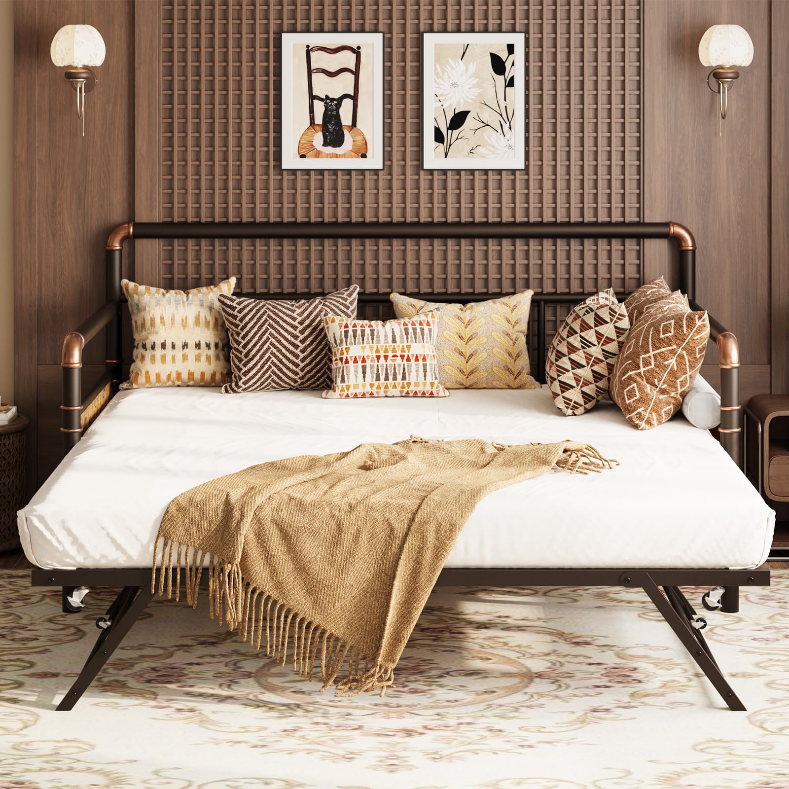 GarveeHome Daybed with Trundle, Twin Daybed with Pop Up Trundle Set, Metal Twin Bed Frame with Steel Slat Support, Sofa BedFrame for Kids/Teens/Adults, Easy Assembly, Brown