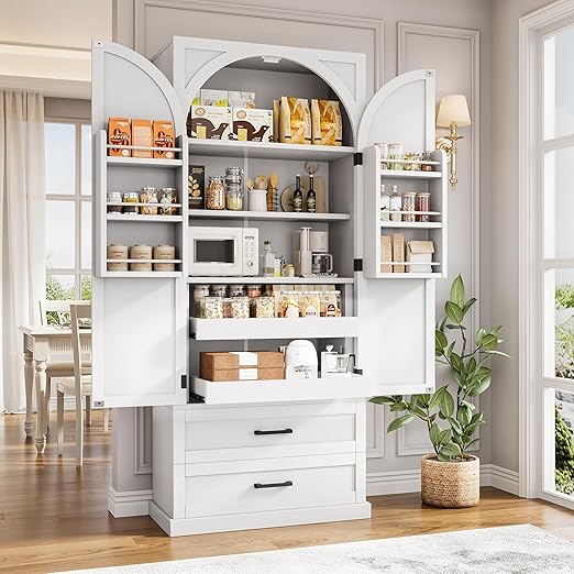 Tall Kitchen Pantry Storage Cabinet with Drawers & Door Shelves