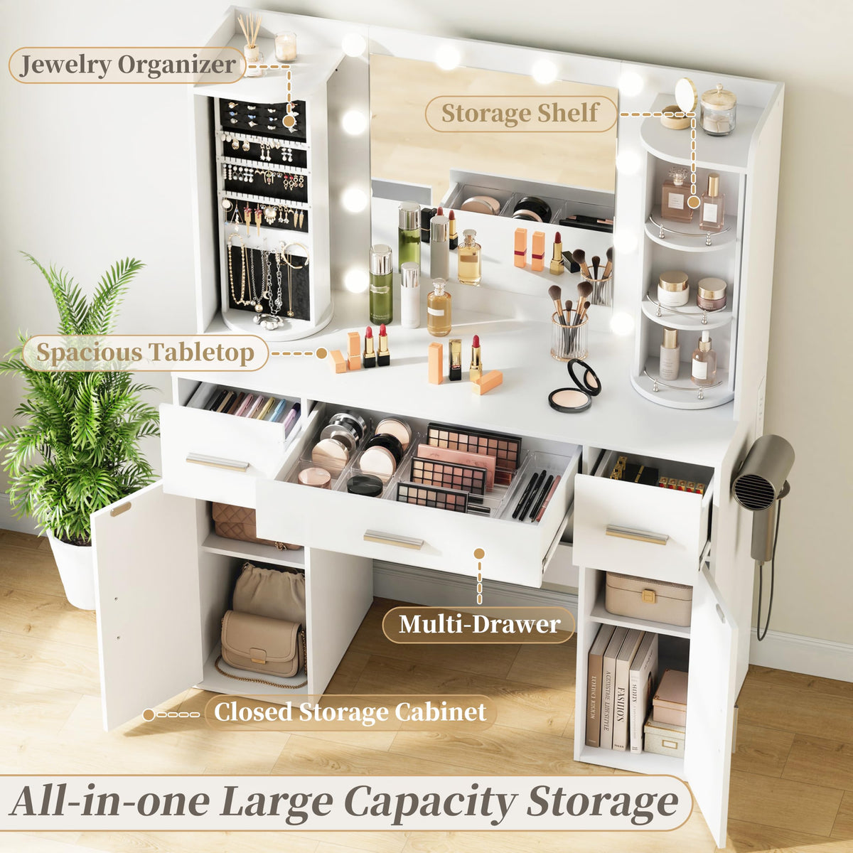 EasyCom Makeup Vanity Desk with Lights, Mirror and Jewelry Storage, White