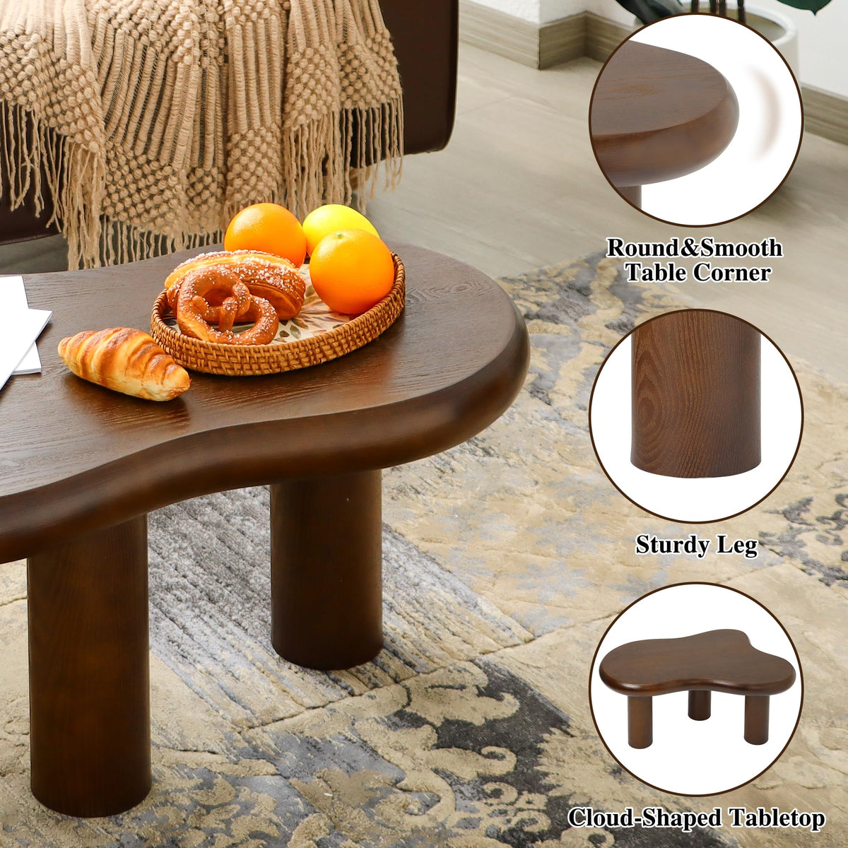Mordchil HF 34"(L) Cloud Coffee Table, Modern Wood Coffee Table for Living Room, Accent Center Tables with 3 Legs, Small Tea Tables for Balcony, Patio, Bedroom, Walnut