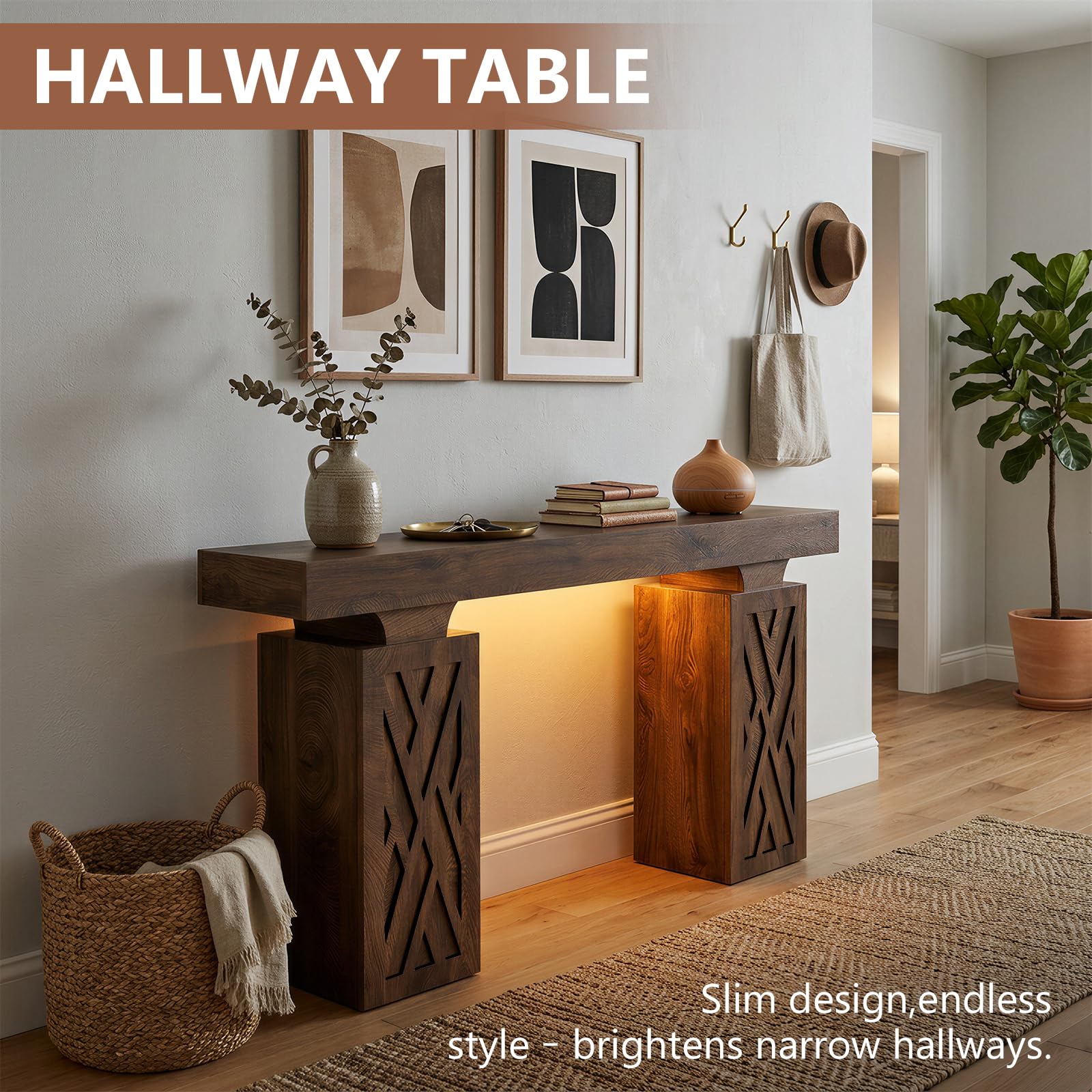 Foxemart 63-Inch Modern Console Table with LED & Outlet, Farmhouse Entryway Table with Geometric Base, Solid Wood-Grain Sofa Table Behind Couch, Narrow Accent Table for Hallway, Cracked Oak