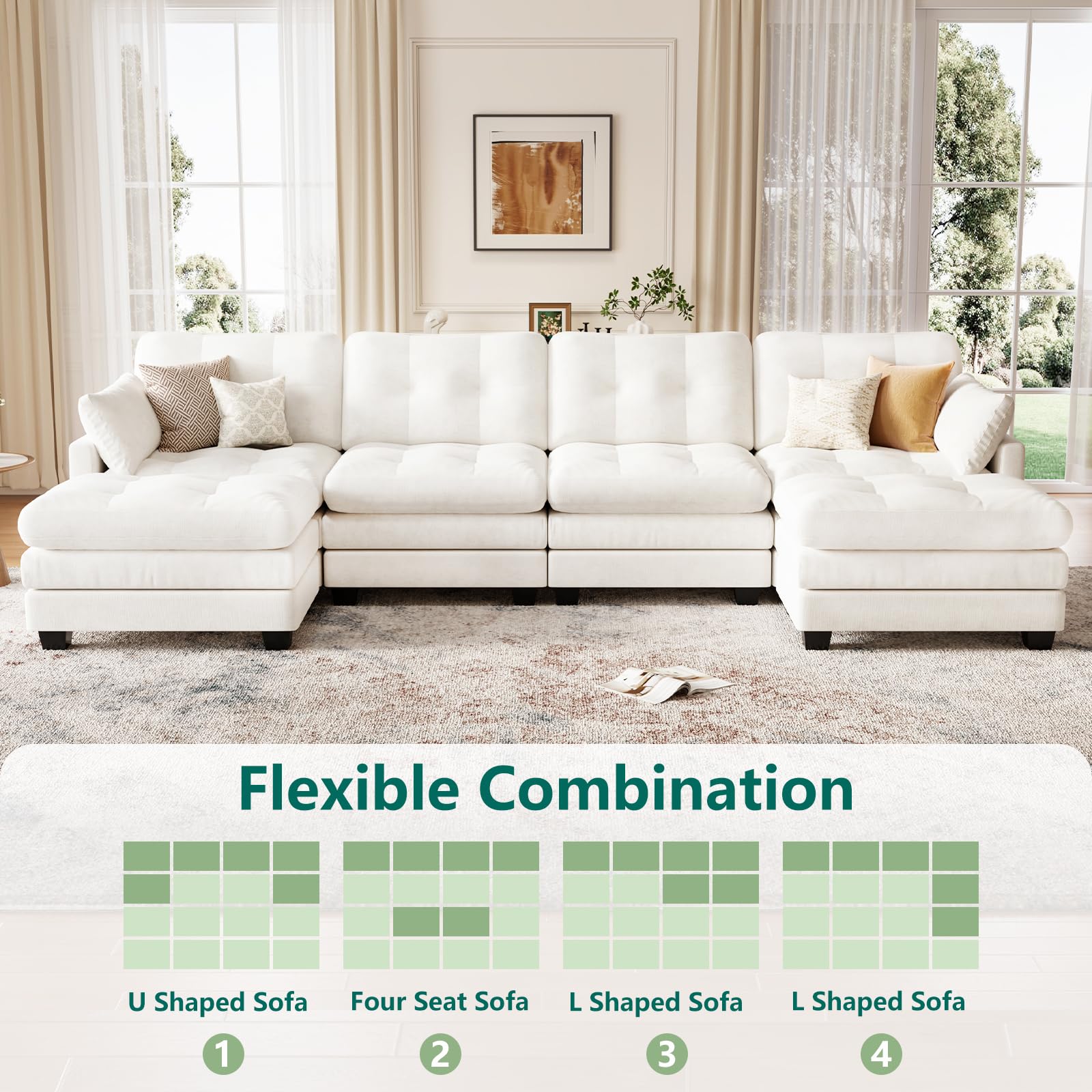 Modular Sectional U Shaped Sofas Couches for Living Room, Tufted Cloud Couch with 2 Movable Ottomans, Comfy Chenille Deep Seat Sofa with Soft Pillows for Bedroom and Apartment, Beige