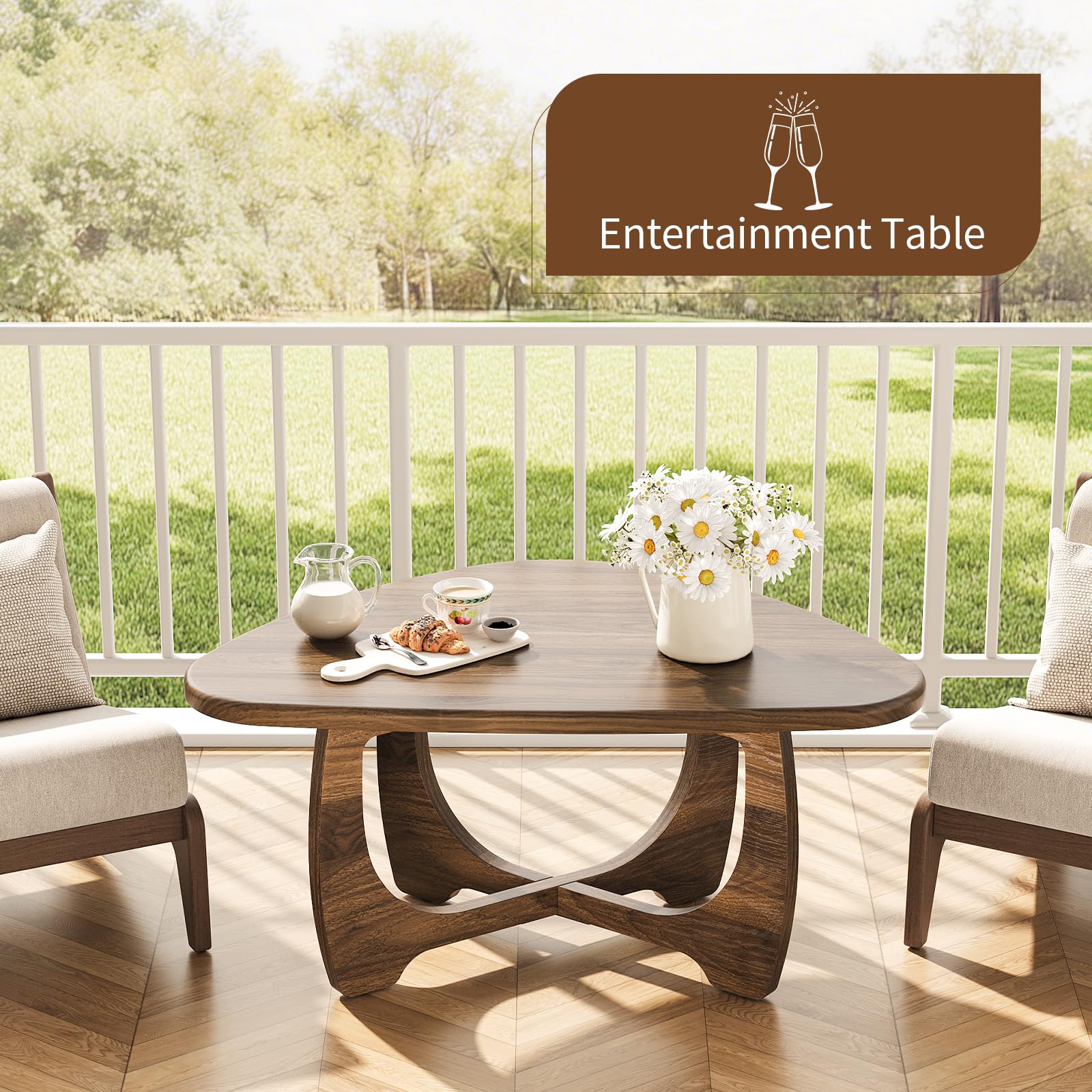 Round Wood Coffee Table with Triangle Frame
