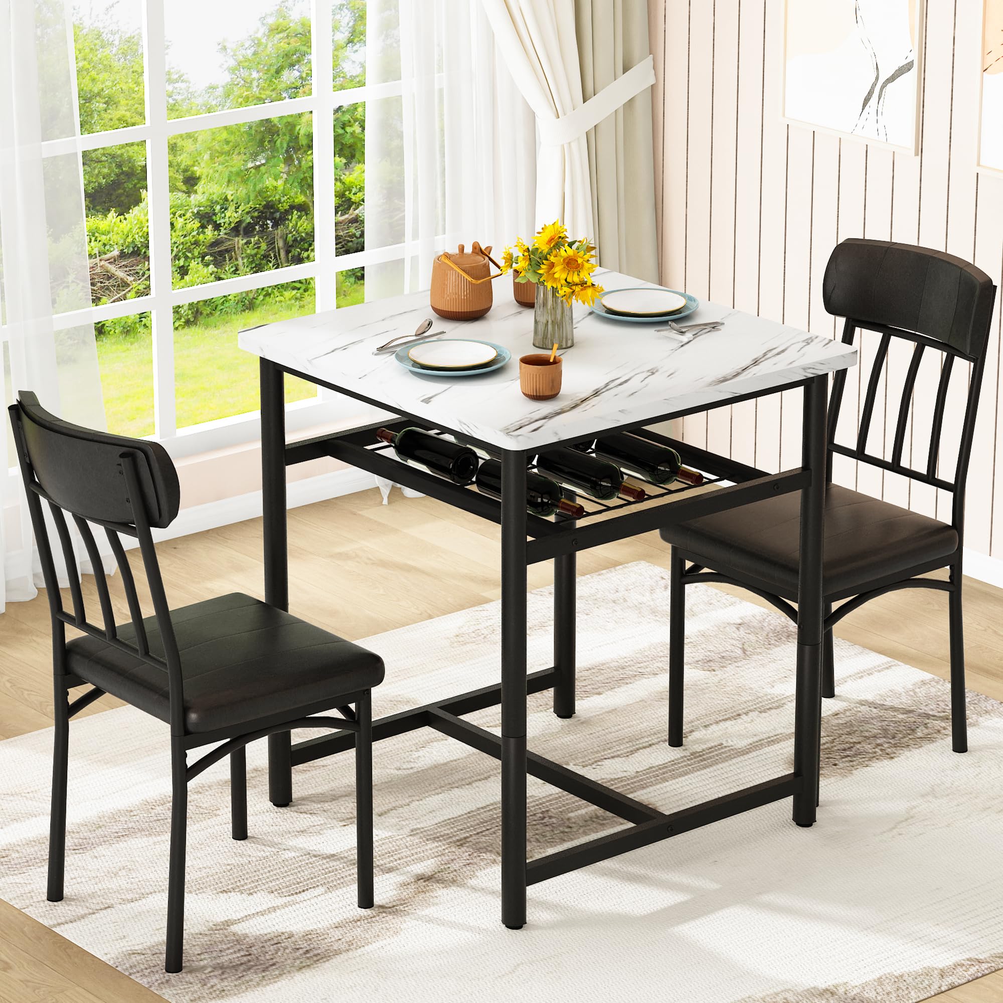 AWQM Square Dining Table Set for 2, Faux Marble Compact Bistro Table with Upholstered Chairs, Space Saving Kitchen Breakfast Nook, Built-in Storage Rack 3-Piece Modern Dining Set for Kitchen & Dining
