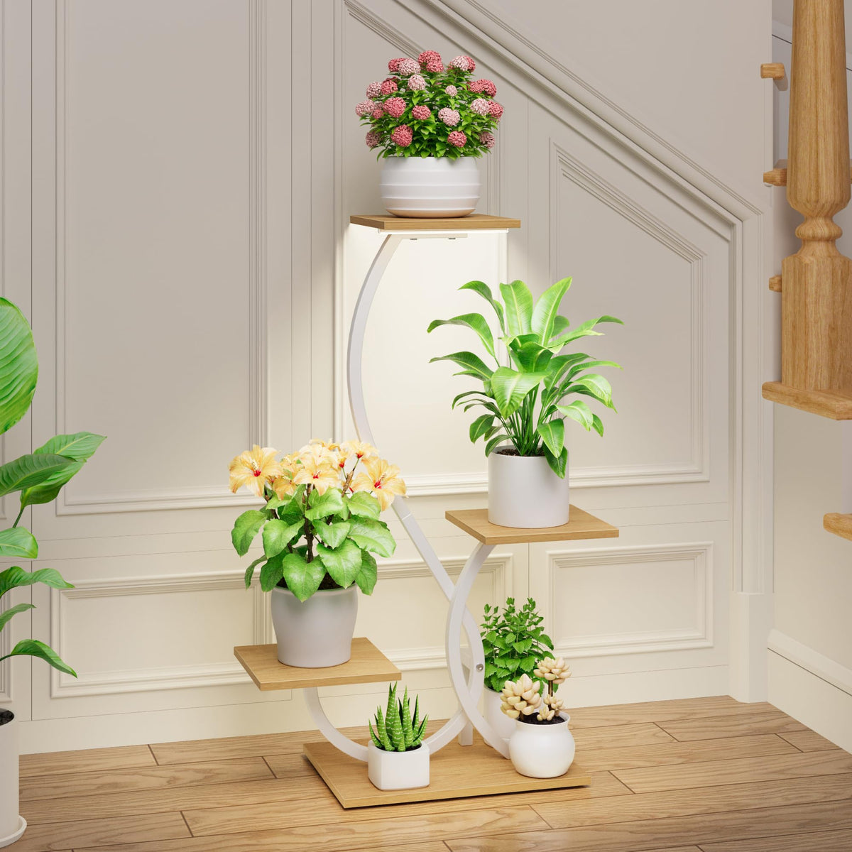 BACEKOLL Plant Stand with Grow Lights 4 Tier Metal Plant Shelf 32" White