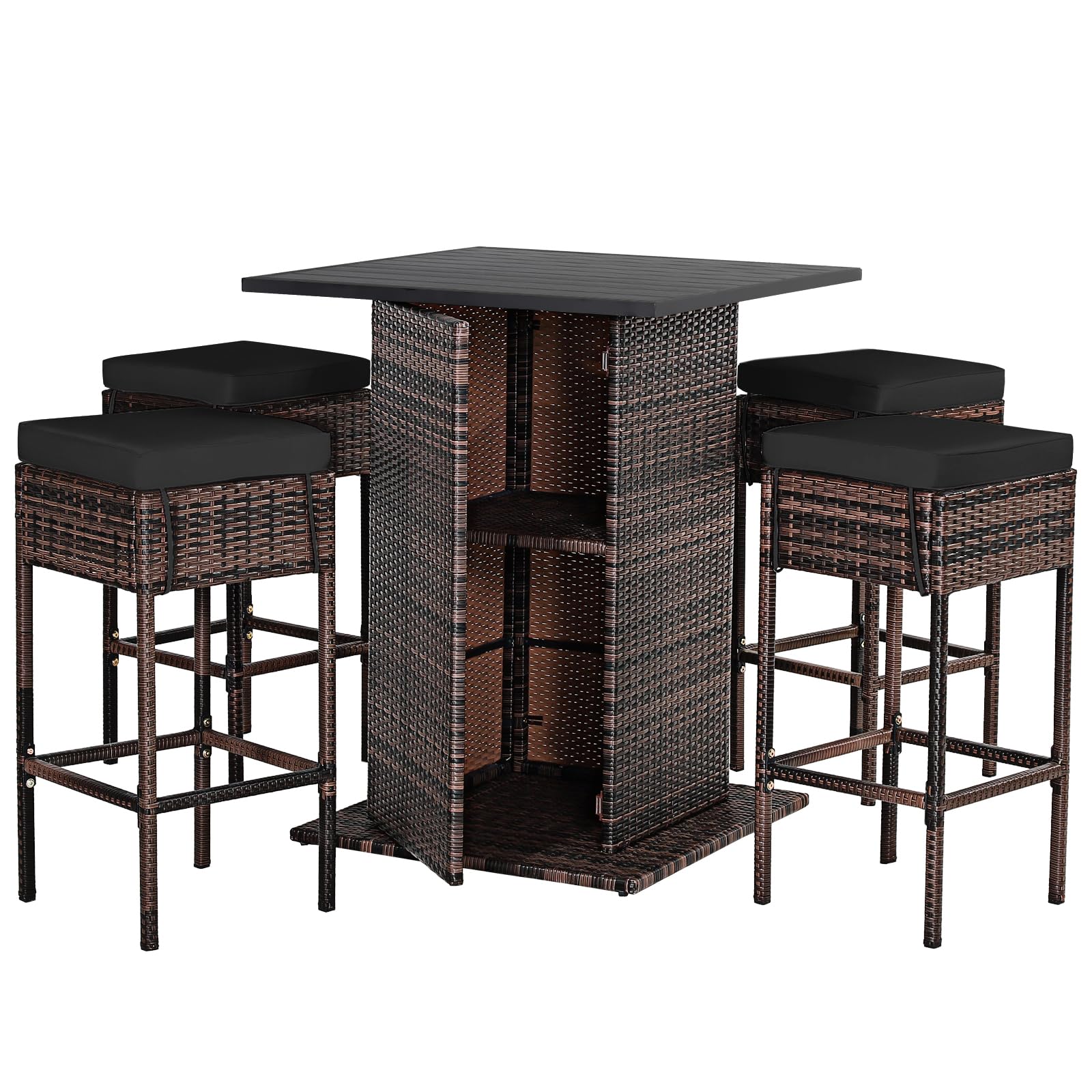 RELAX4LIFE 5-Piece Outdoor Bar Set, Wicker Rattan Bar Height Patio Set w/4 Cushion Bar Stools & Table with Hidden Storage, 5PCS Outdoor High Top Table and Chairs Set for Backyard Poolside (Black)