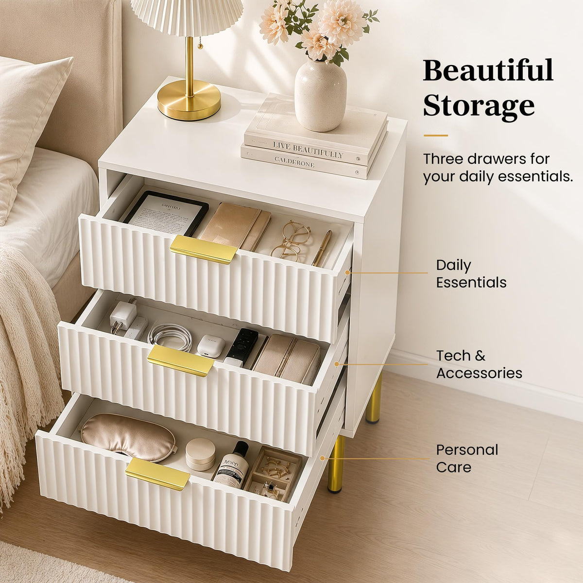 3-Piece Fluted Dresser and Nightstand Set, White and Gold