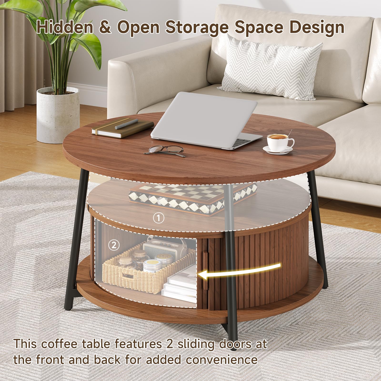 31.5 Inch Round Coffee Table with Storage, Fluted Coffee Tables with 2 Tiers, Mid-Century Modern Center Table with 2 Sliding Doors and Adjustable Footpad for Living Room, Walnut