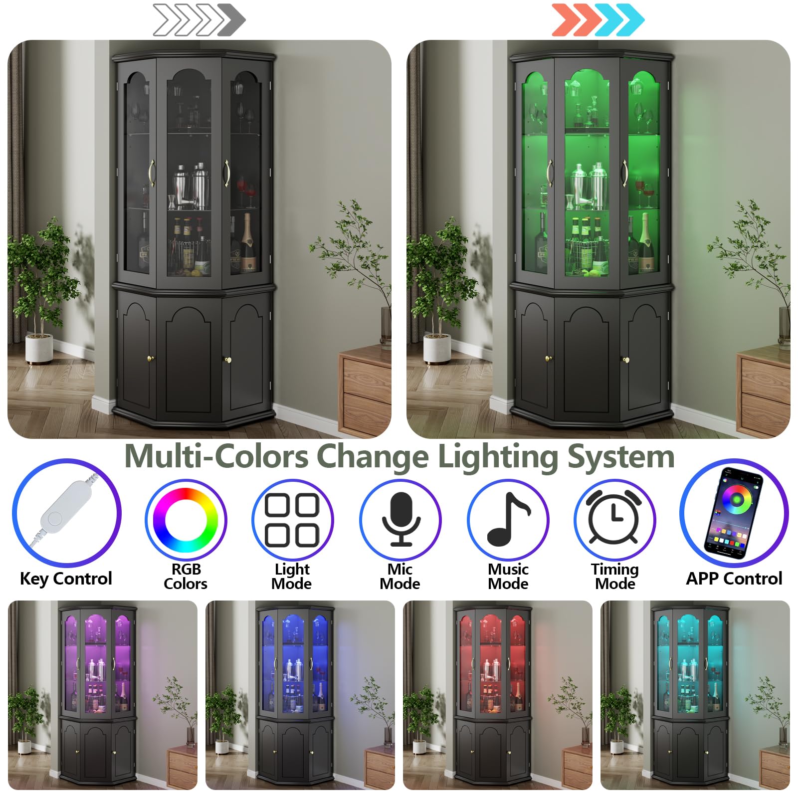 Corner Bar Cabinet with LED Lights & Tempered Glass Door