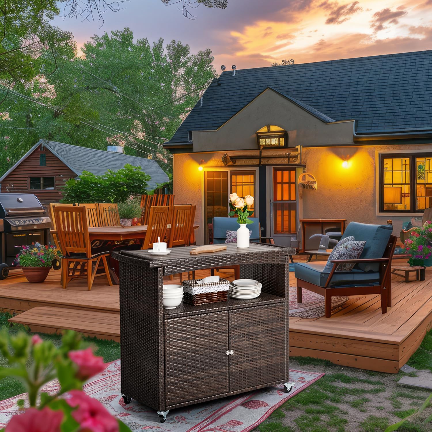 Outdoor Storage Cabinet,Outdoor Cabinet for Patio Outdoor Bar Cart with Rolling Heels Patio Bar Table with Storage Wicker Buffet Cabinet Prep Table Kitchen Serving Cart with Door,Shelves,Handle Brown