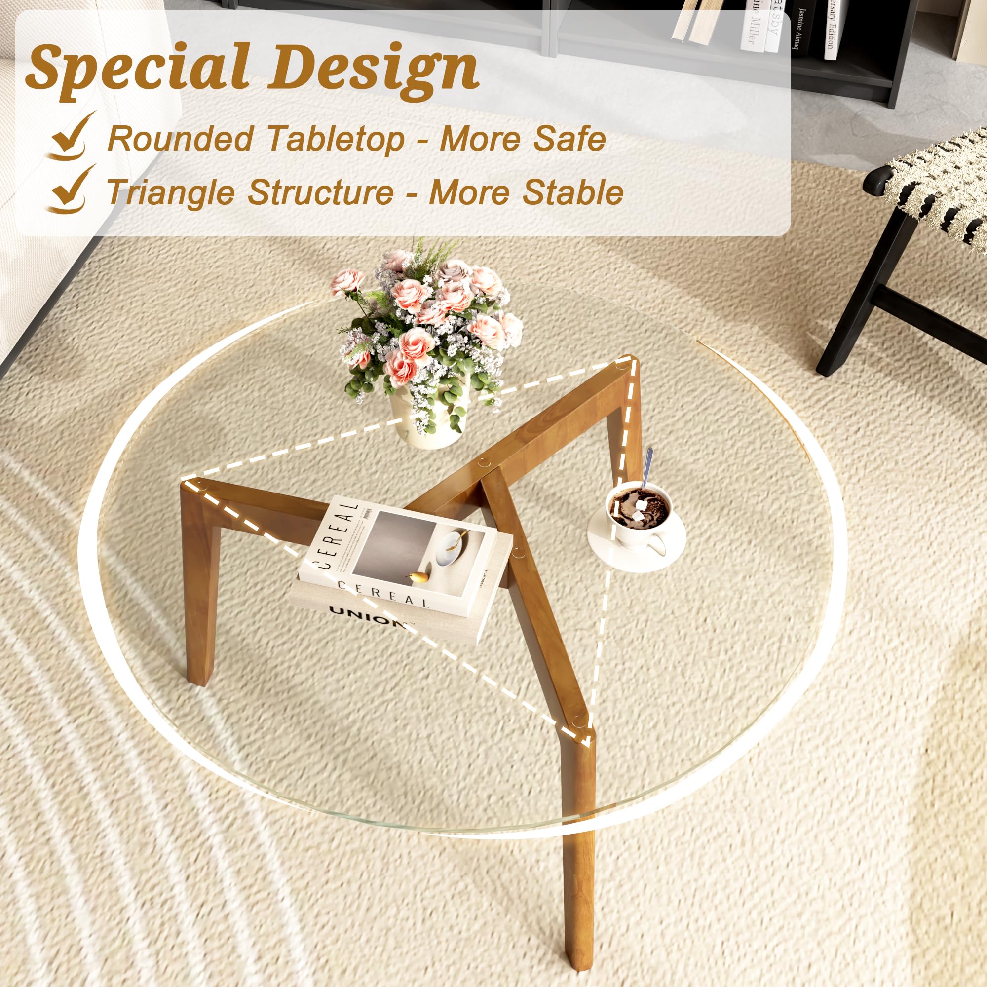 WFSRESTD Glass Coffee Table, Small Round Coffee Tables with Solid Wood Legs, Mid Century Modern Center Table with Glass Top for Small Spaces, Living Room, 31.5x31.5x15.4