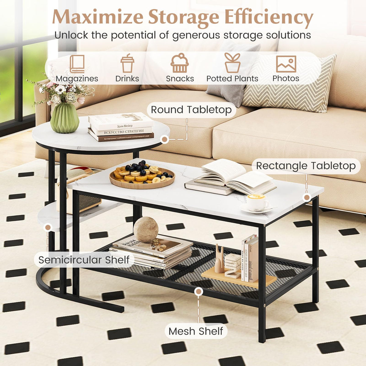 GOFLAME Nesting Coffee Table Set of 2, 2 PCS Nesting Tables with Faux Marble Top and Extra Storage Shelf, Modern Round End Table & Rectangular Coffee Tables for Living Room, Bedroom, Black+White