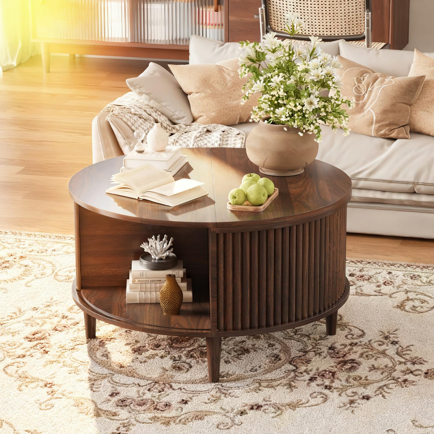 Madaha Lift Top Coffee Table with Storage, Fluted Round Center Table with Sliding Cabinet Door, Small Circle Table for Living Room, Walnut