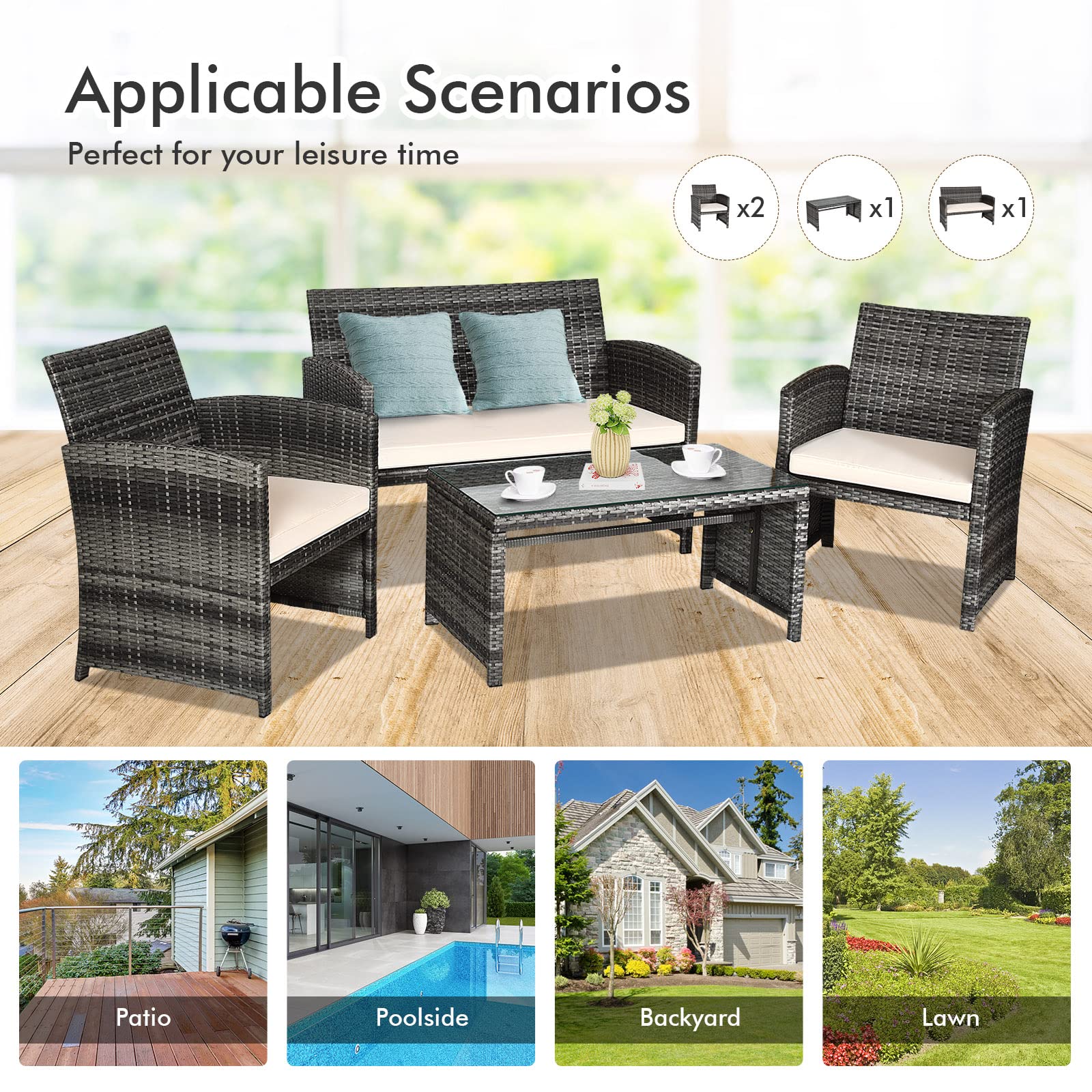 4-Piece Outdoor Rattan Patio Conversation Set