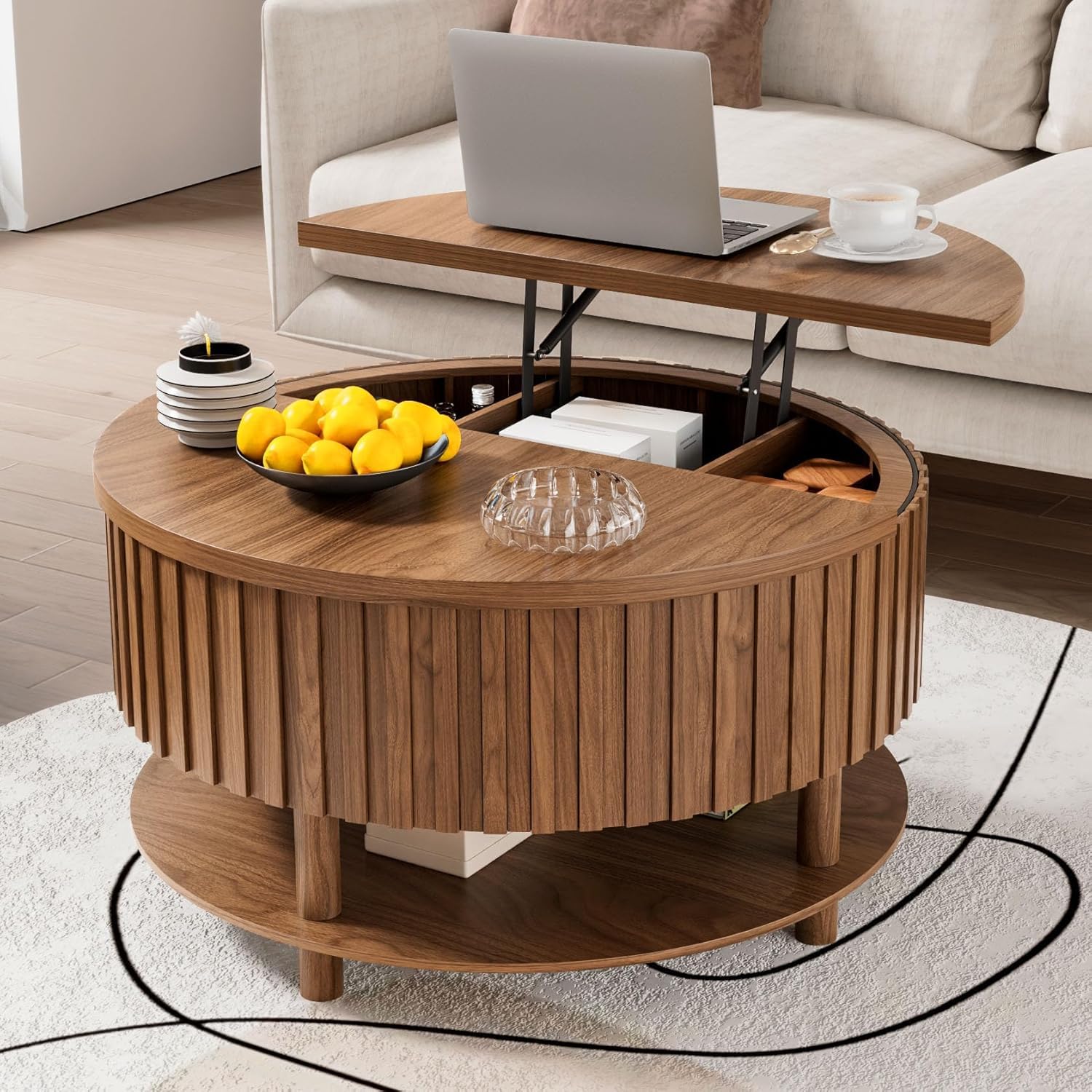 Limaoaio Round Lift Top Coffee Table with Storage, Mid Century Modern 2-Tier Circle Coffee Table with Hidden Compartment & Open Shelf, Fluted Wood Center Table for Living Room, Walnut