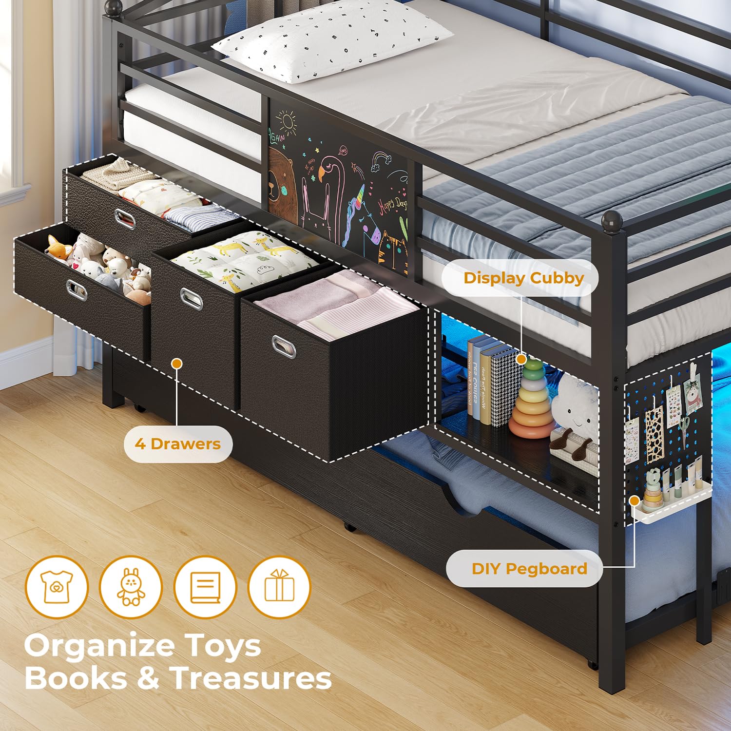 ADORNEVE Low Loft Bed Twin Size with Trundle & LED Lights, Kids Loft Bed with 4 Storage Drawers & Open Cubbies & DIY Pegboard, Twin Loft Bed with Safety Guardrail,Under-Bed Play Zone, Black
