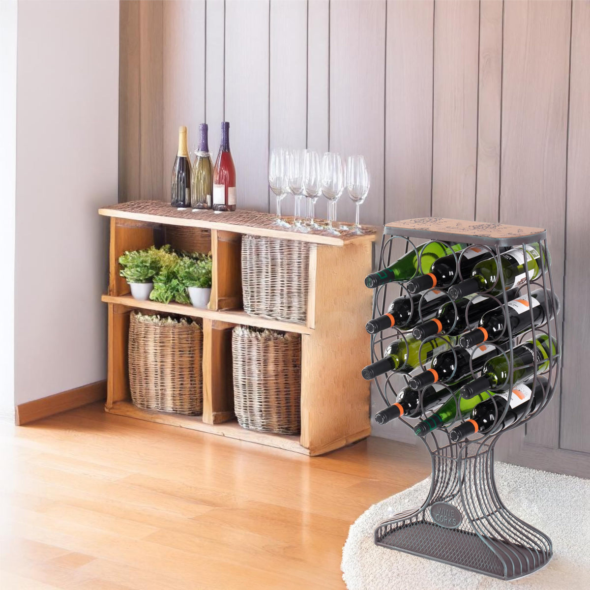 Vintiquewise Vintage Wooden Wine Rack Freestanding Floor Stand with Metal Goblet Shape, Cork Holder, Wood Wine Bottle Rack for Living Room Bar