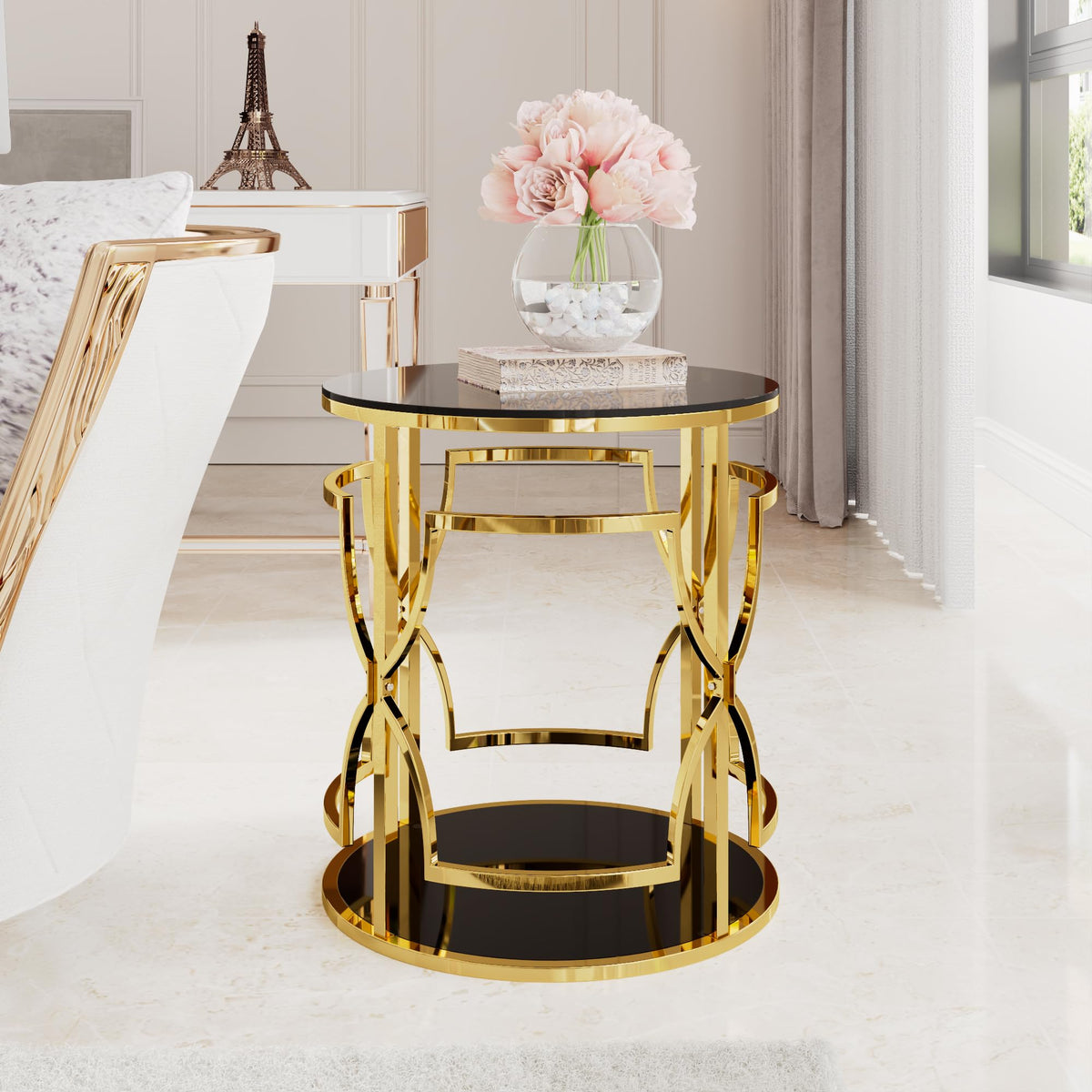 Glass Side Table with Gold Frame