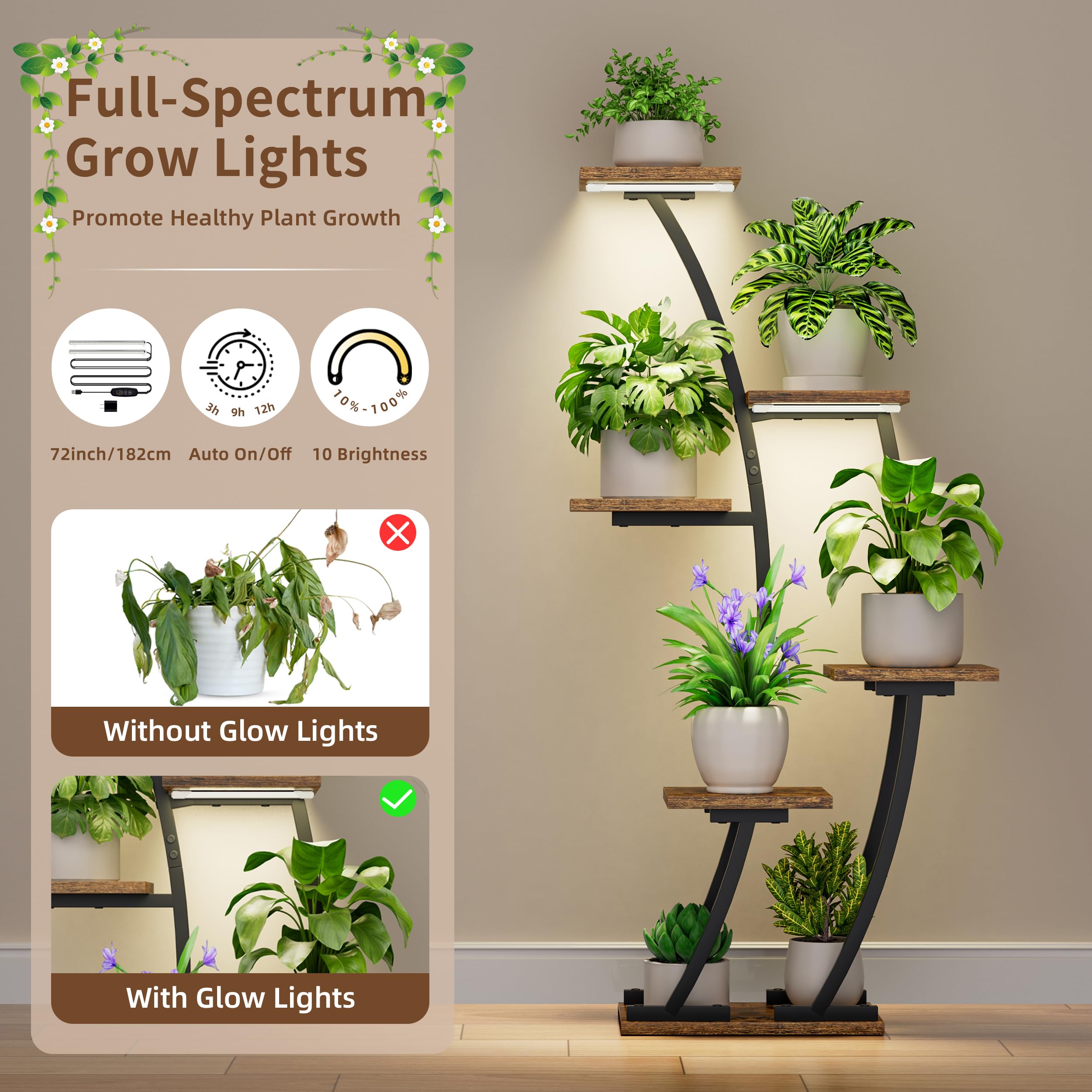 Half-Moon Corner Plant Stand with Grow Lights
