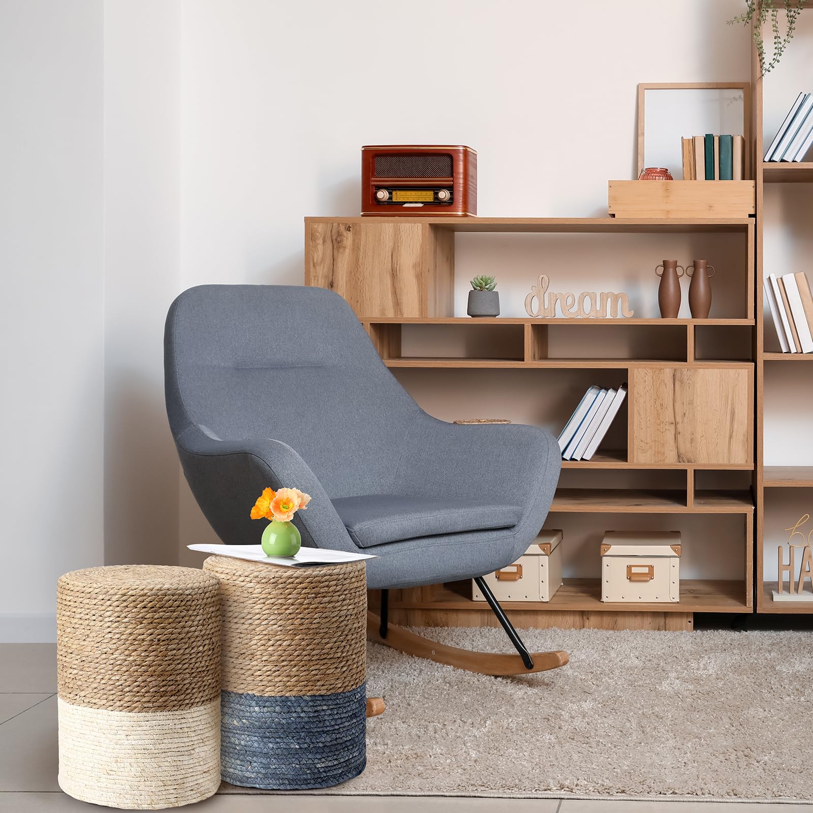 Round Seagrass Pouf Ottoman Set of 2 – Boho Footrest Stool
