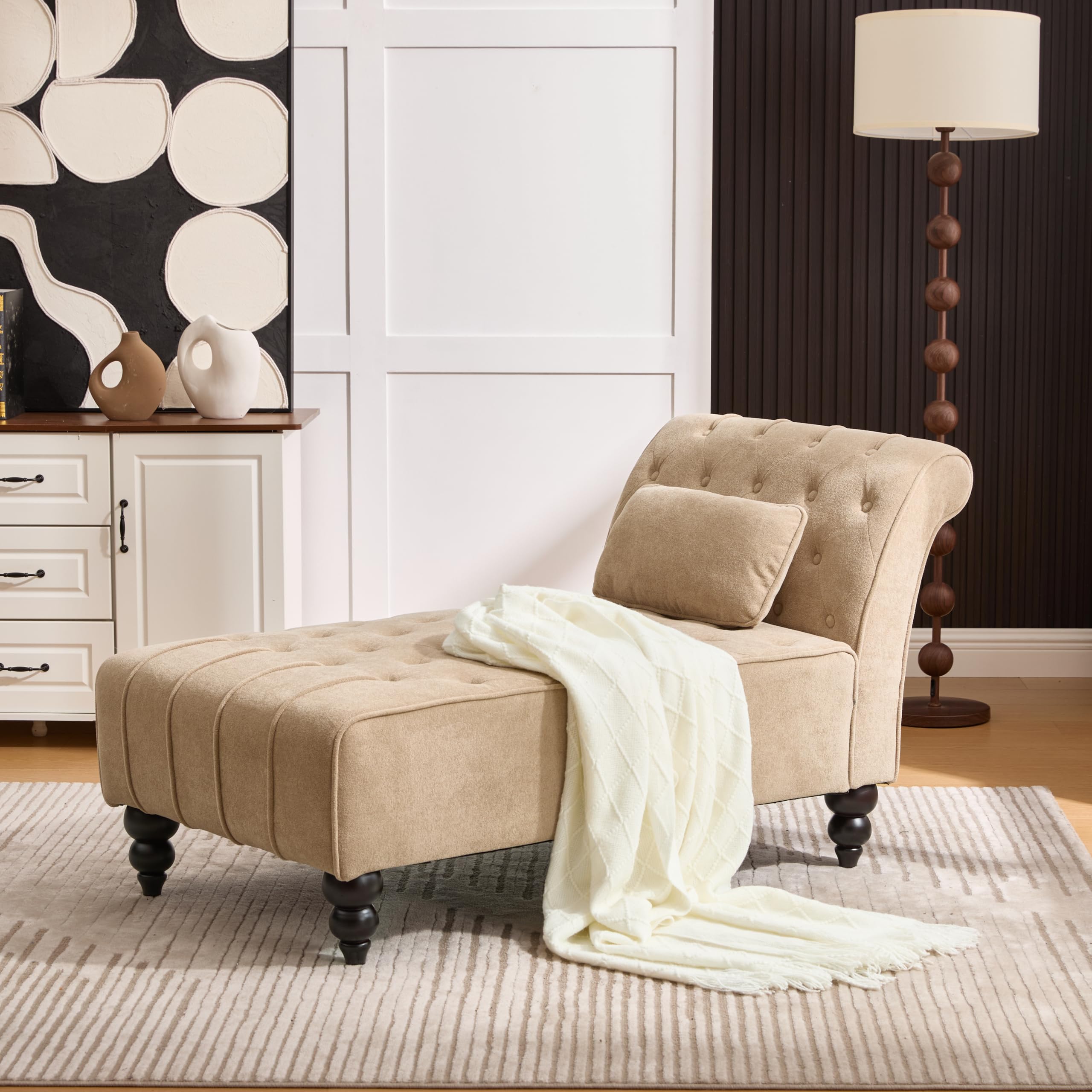 Christopher Knight Home Rafaela Velvet Upholstered Chaise Lounge Chair Indoor with Lumbar Pillow, Tufted Chaise Lounge Sofa with Scrolled Backrest, Wooden Living Room Lounge Chair, Camel
