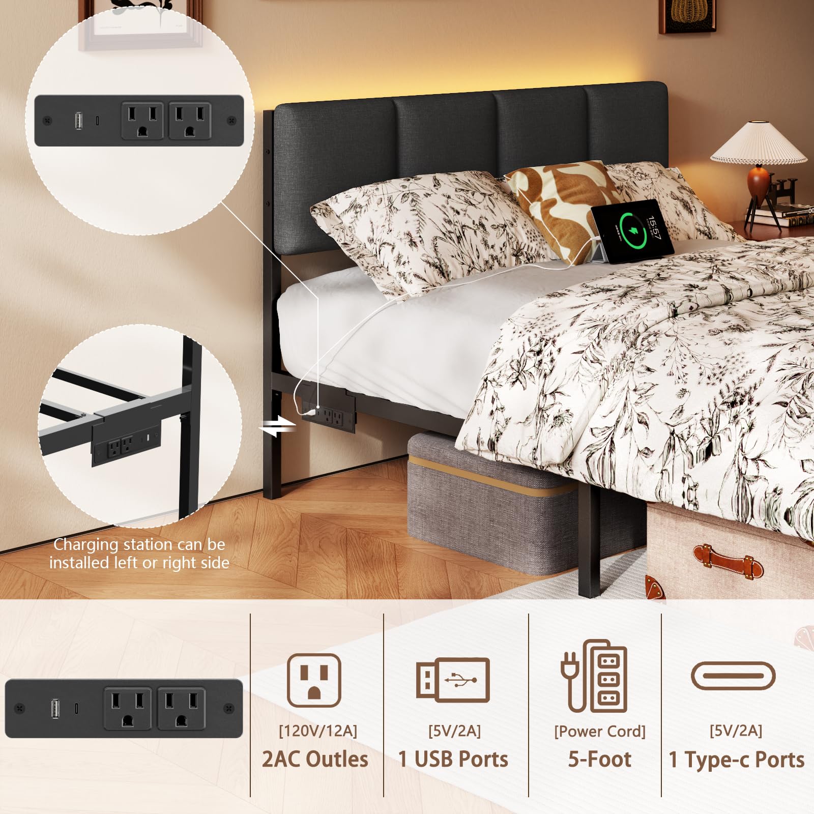 Full Size Bed Frame with LED Lighting & Storage Drawers