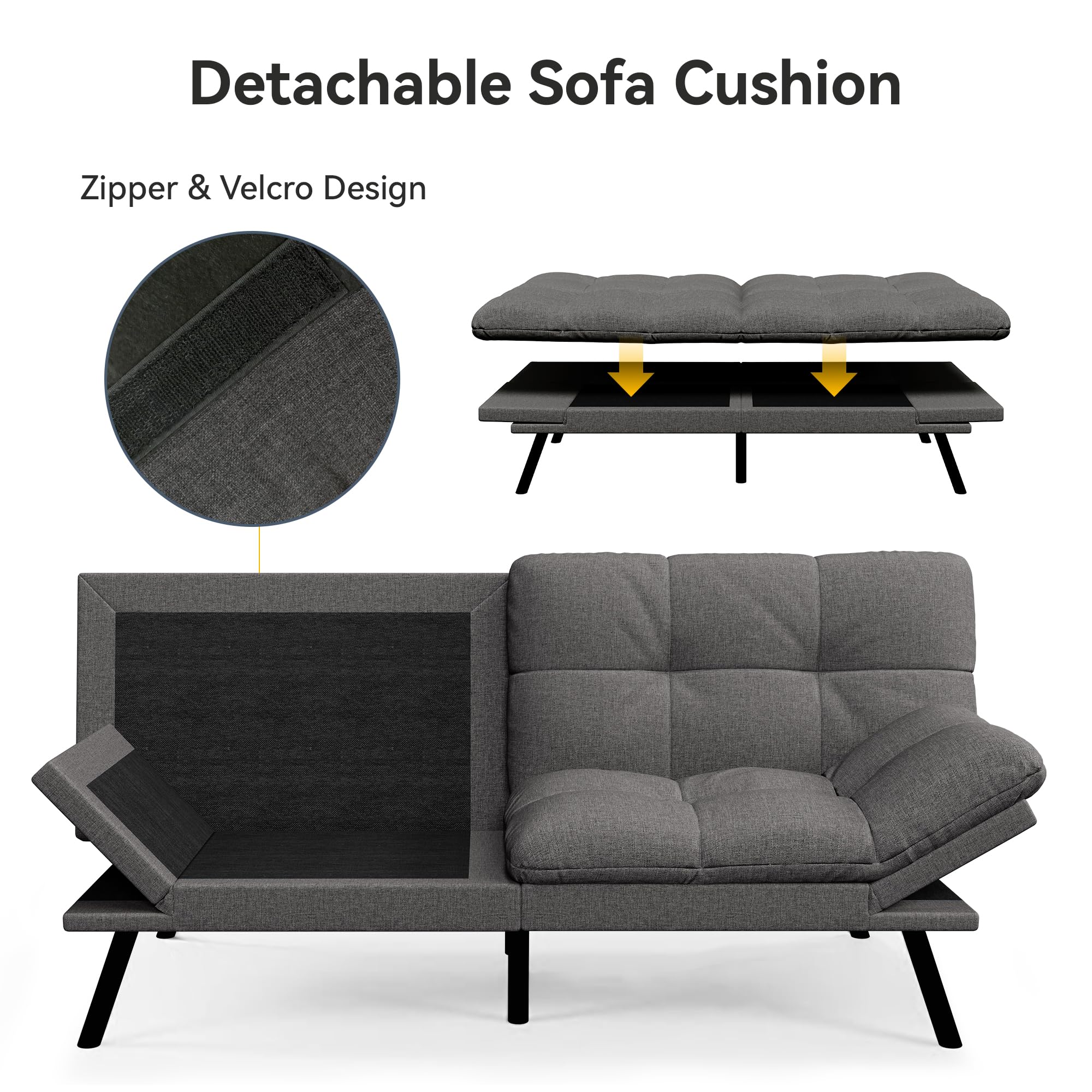 Convertible Futon Sofa Bed with Adjustable Backrest & Armrest