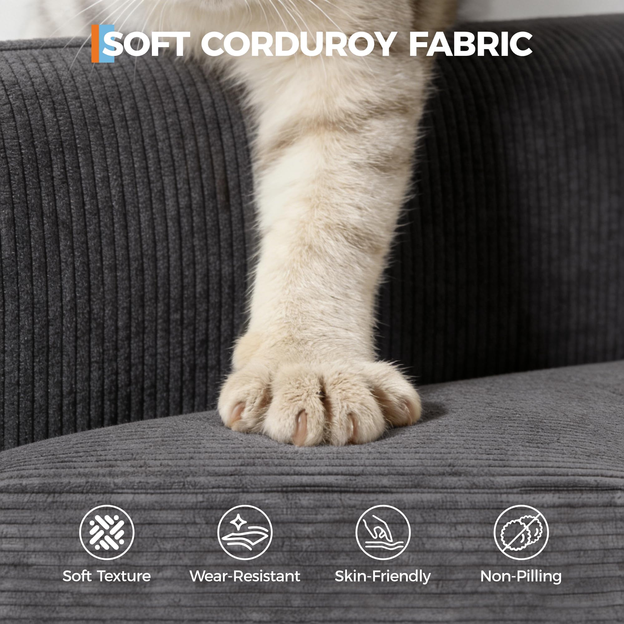 IDEALHOUSE 86" Corduroy Comfy Sofa, 3-Seater Sofa Couch with 2 Throw Pillows, Cloud Couch with deep Seats and 2 Removable Back Cushions, Modern Sofa for Living Room, Bedroom, Apartment, Office, Grey