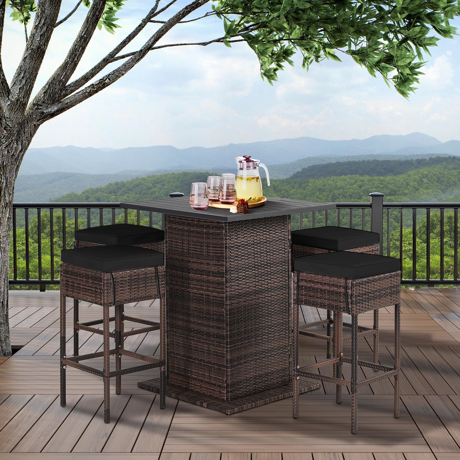RELAX4LIFE 5-Piece Outdoor Bar Set, Wicker Rattan Bar Height Patio Set w/4 Cushion Bar Stools & Table with Hidden Storage, 5PCS Outdoor High Top Table and Chairs Set for Backyard Poolside (Black)