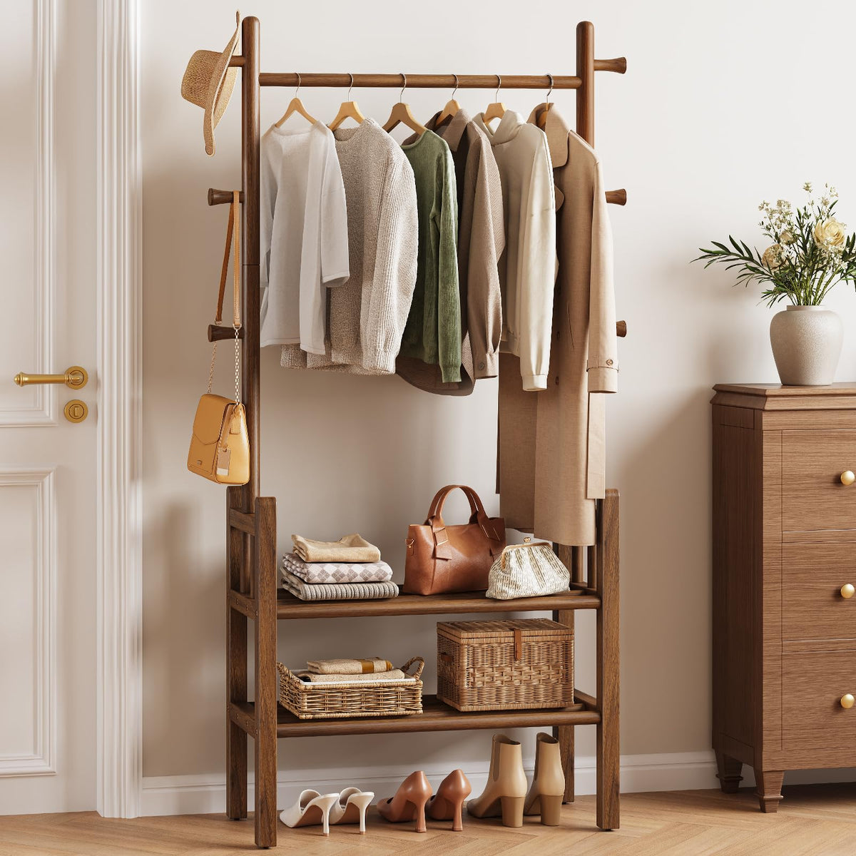 Solid Wood Clothing Rack with Shelves - Coat Rack Freestanding with 6 Hooks Load 450 Lbs, 3-in-1 Hall Tree for Hanging Clothes, Tall Garment Racks with Storage for Bedroom, Entryway, Living Room
