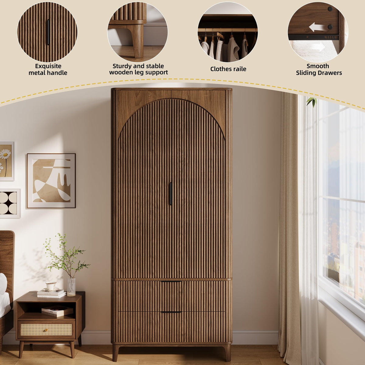 Oxirth 70.1" Arched Wooden Armoire Wardrobe Closet with 2 Doors and 2 Drawers, Fluted Bedroom Armoire with Hanging Rod Shelf, Clothing Storage Cabinet, Wardrobe Armoire Closet Cabinet (Walnut, 31.4")