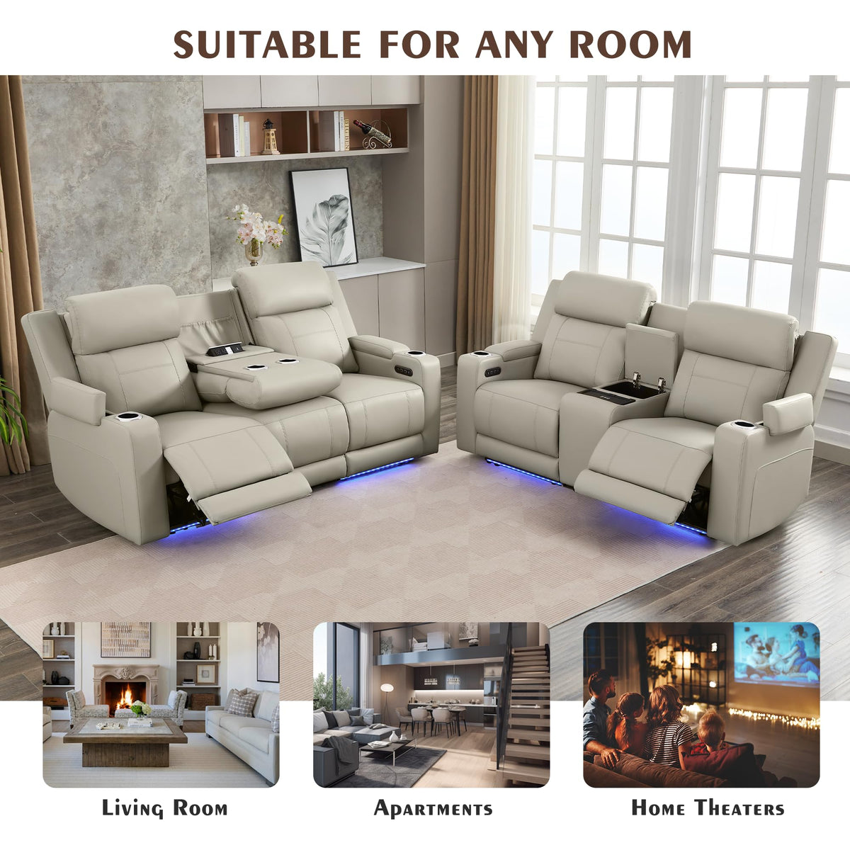 Netpane Breathable Leather Power Recliner Sofa Set with LED, Power Reclining Sofa and Loveseat Set with Adjustable Headrest/Wireless Charger/Storage Console for Living Room (Grey)