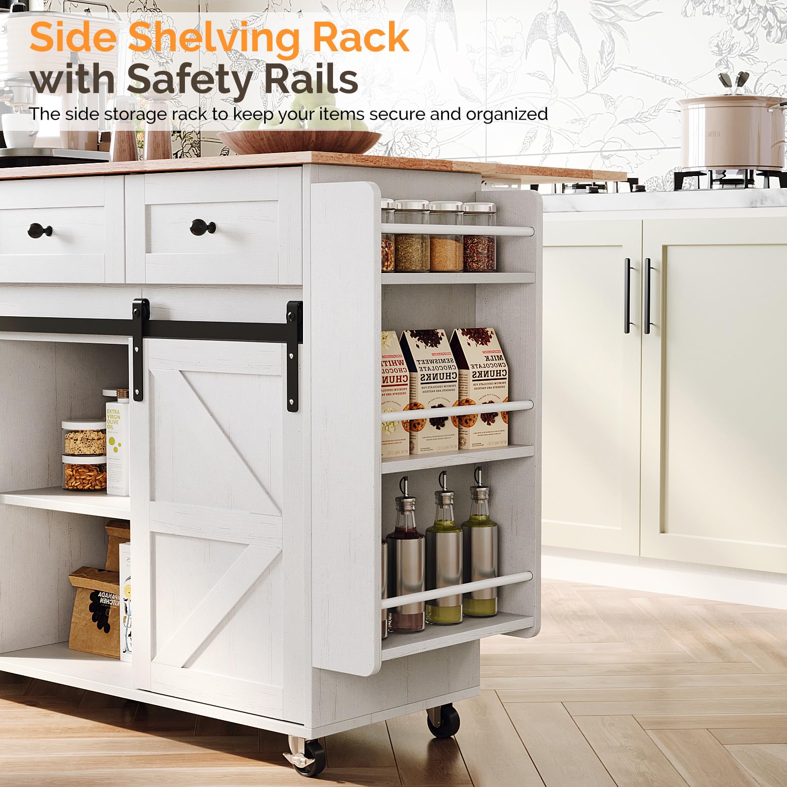 VINGLI Kitchen Island with Storage, 52" Rolling Kitchen Cart with 3 Drawers & Shelves, Drop Leaf Design, Mobile Island with Barn Sliding Doors, Towel & Spice Rack for Kitchen & Dining, White